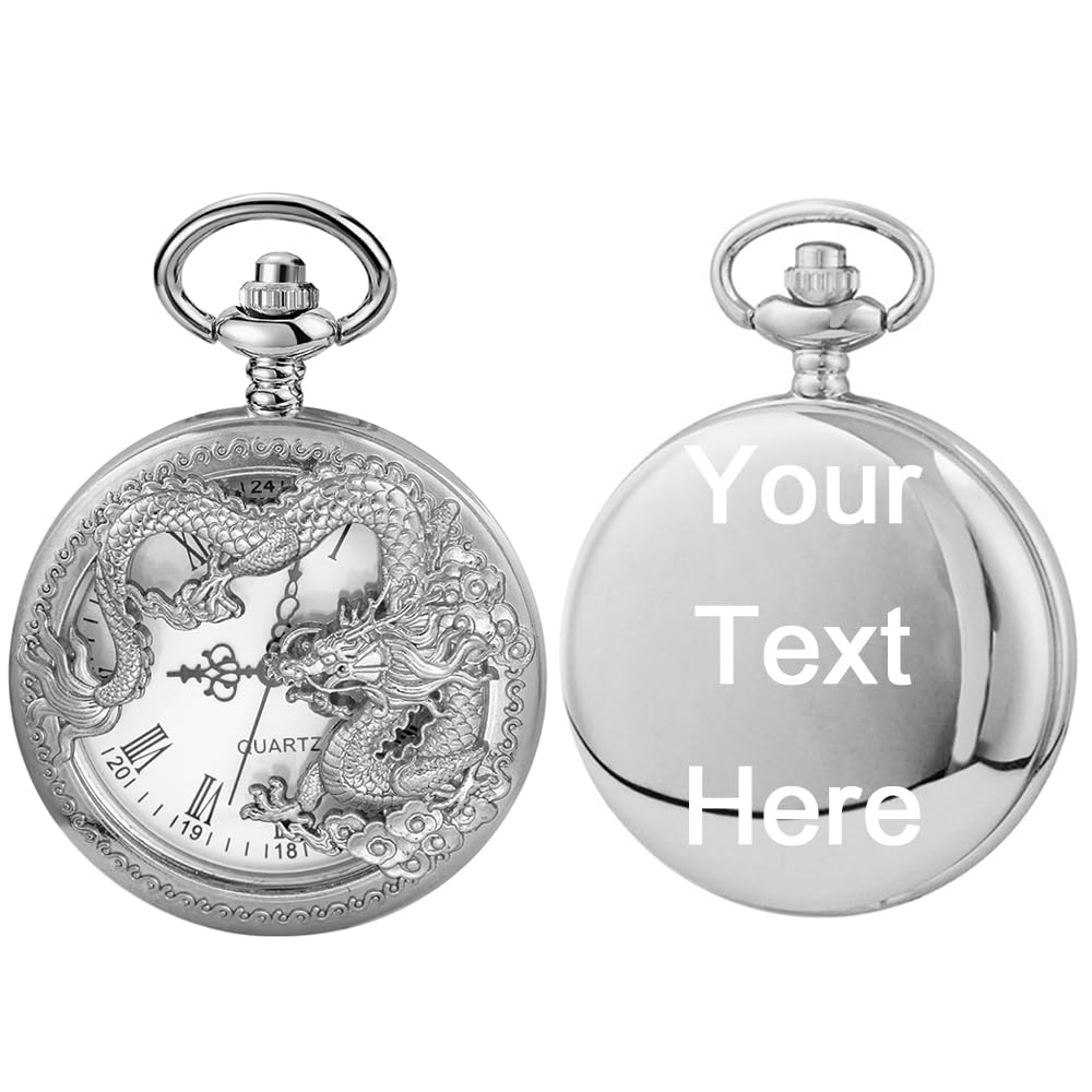 Dragon Quartz Pocket Watches for Men Roman Numerals Pocket Watch with Chain