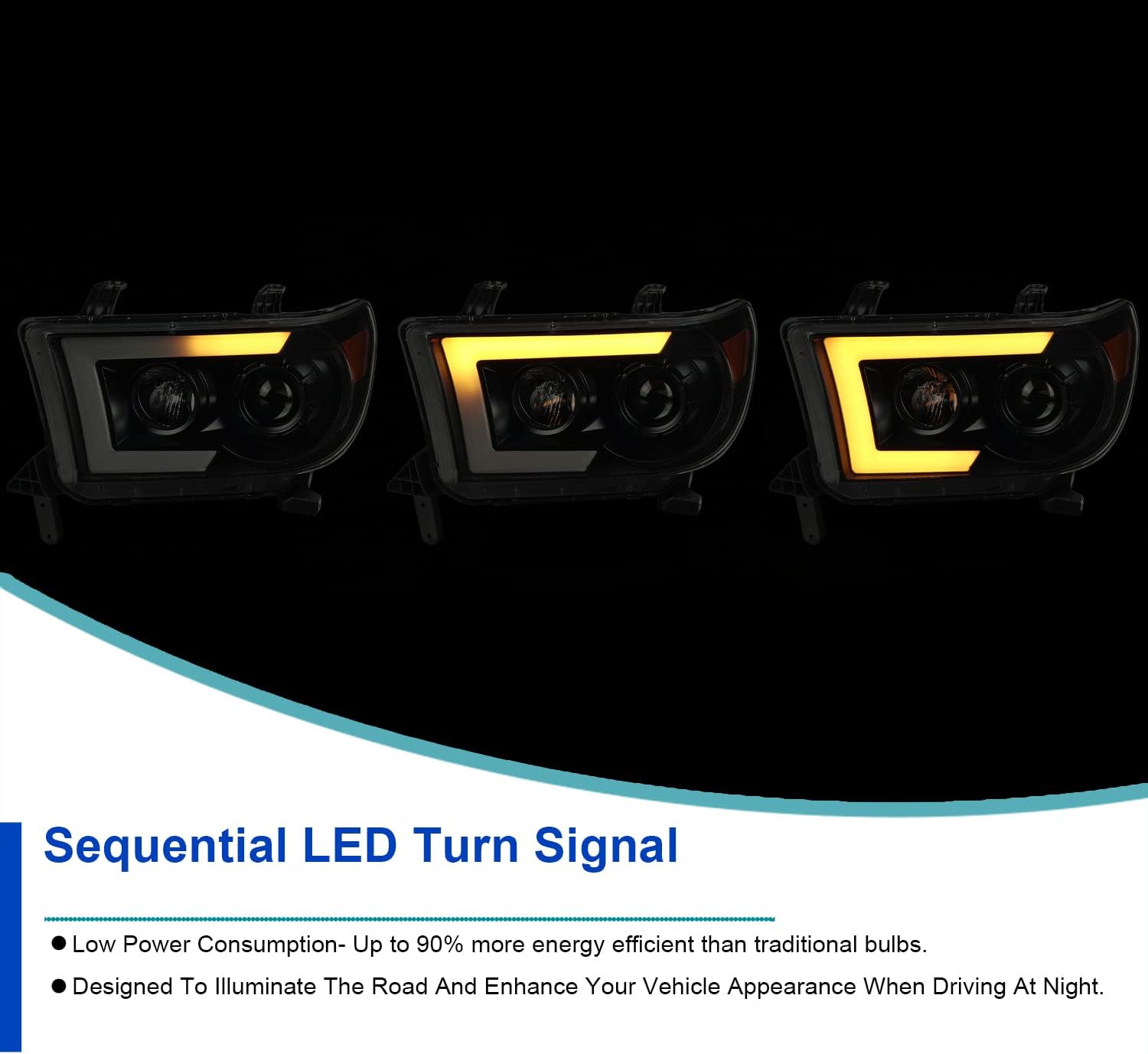 SPEC-D TUNING Black Smoke Projector Headlights w/Switchback Sequential LED Turn Signal Compatible with 2007-2013 Toyota Tundra, 2008-2017 Toyota Sequoia, Left + Right Pair Headlamps Assembly