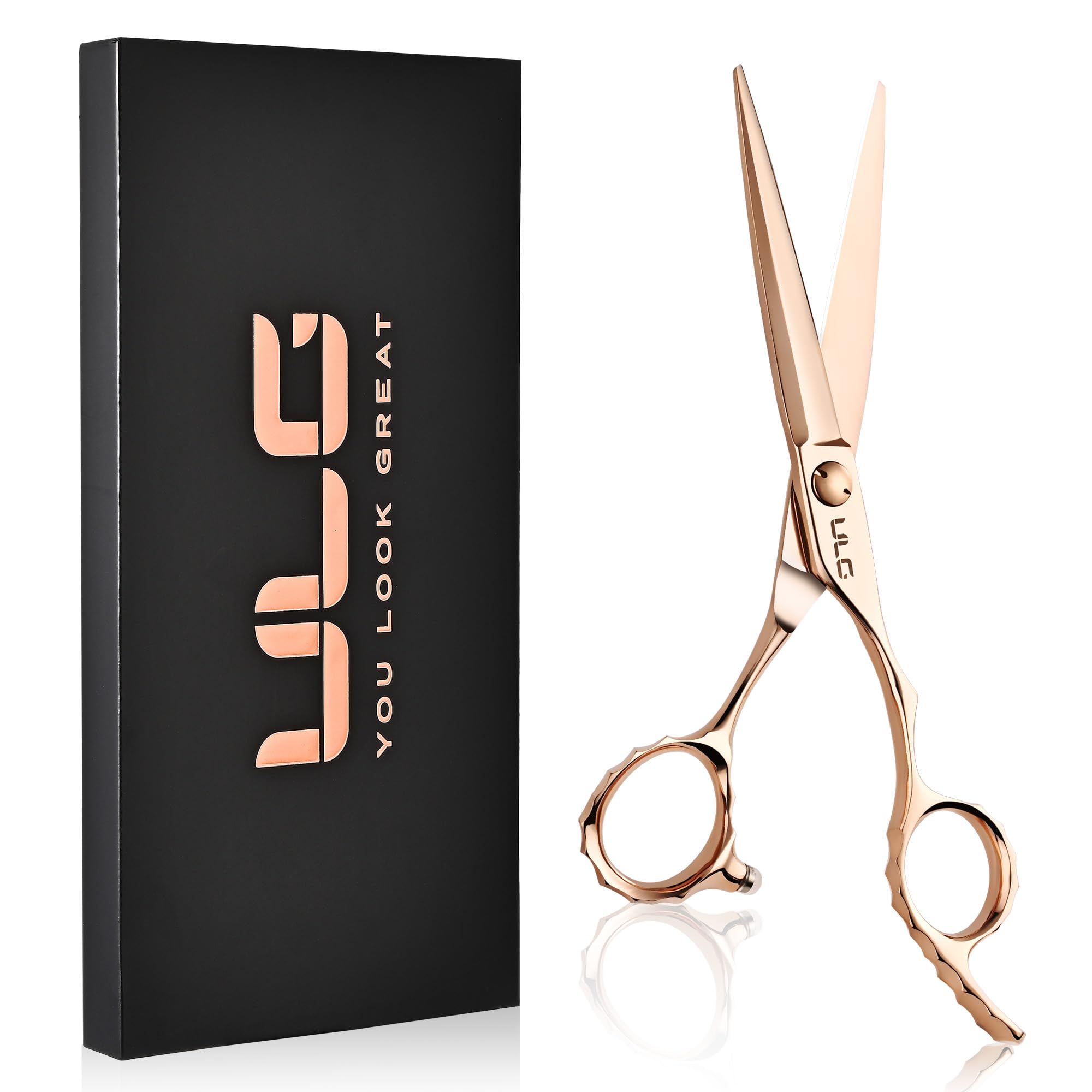 ULG Professional Hair Cutting Scissors with Luxury 18K Rose Gold Finish 6.5" Barber Scissors 440C Japanese Stainless Steel Hand-Honed Razor Sharp Blades Offset Handles Tension Adjustable, Right-Handed