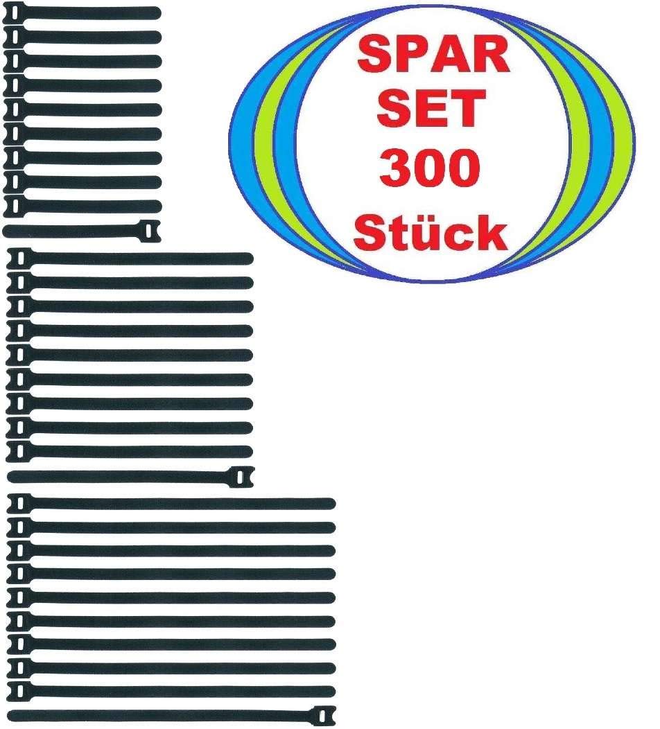 300 x Klettkabelbinder Schwarz 150 mm, 200 mm & 300 mm lang - Klett Kabelbinder Kabel-Klettband - Wiederverschliessbar/Wiederverwendbar (300, Länge gemischt Schwarz)