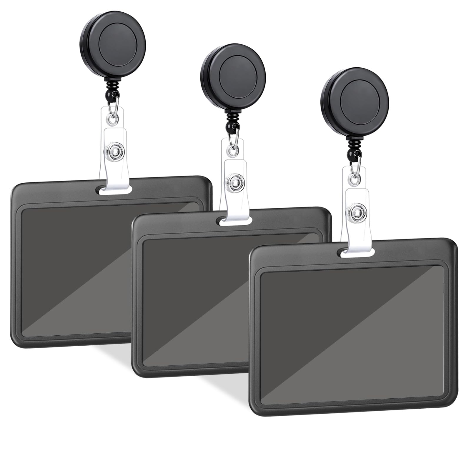 Photo 1 of **Only two*** 3 Set Badge Holder with Retractable Reel, ID Badge Holders with Retractable Clip for Office Family Nurse Teacher Student (Black Hard Horizontal)