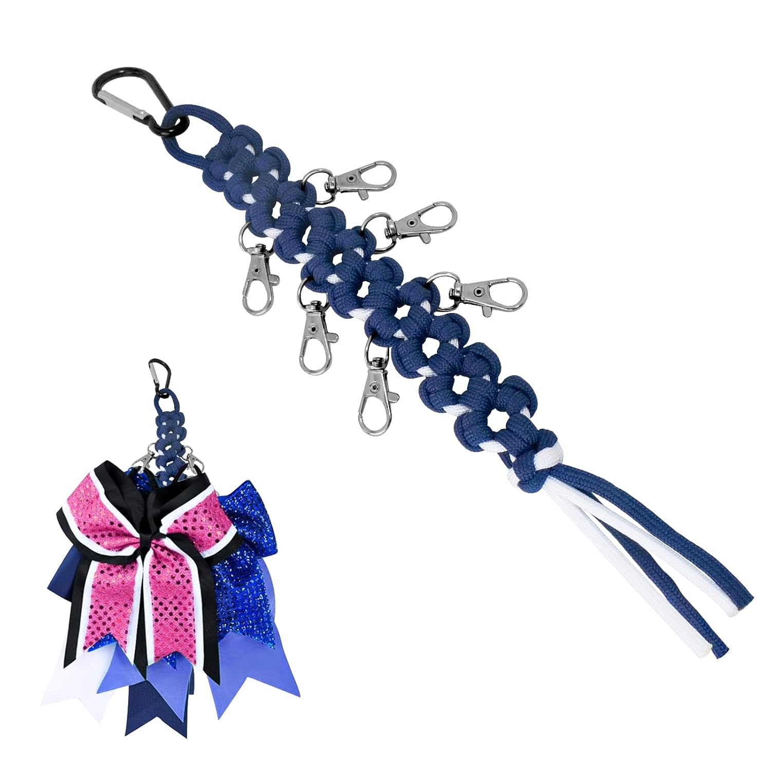 Cheer Bow Holder - Cheerleader Backpack Bow Organizer - Durable Paracord Hair Bow Hanger Cheer Bag Accessories - Cheerleading Gift for Cheer Teams - Orange/Black 5 Pack