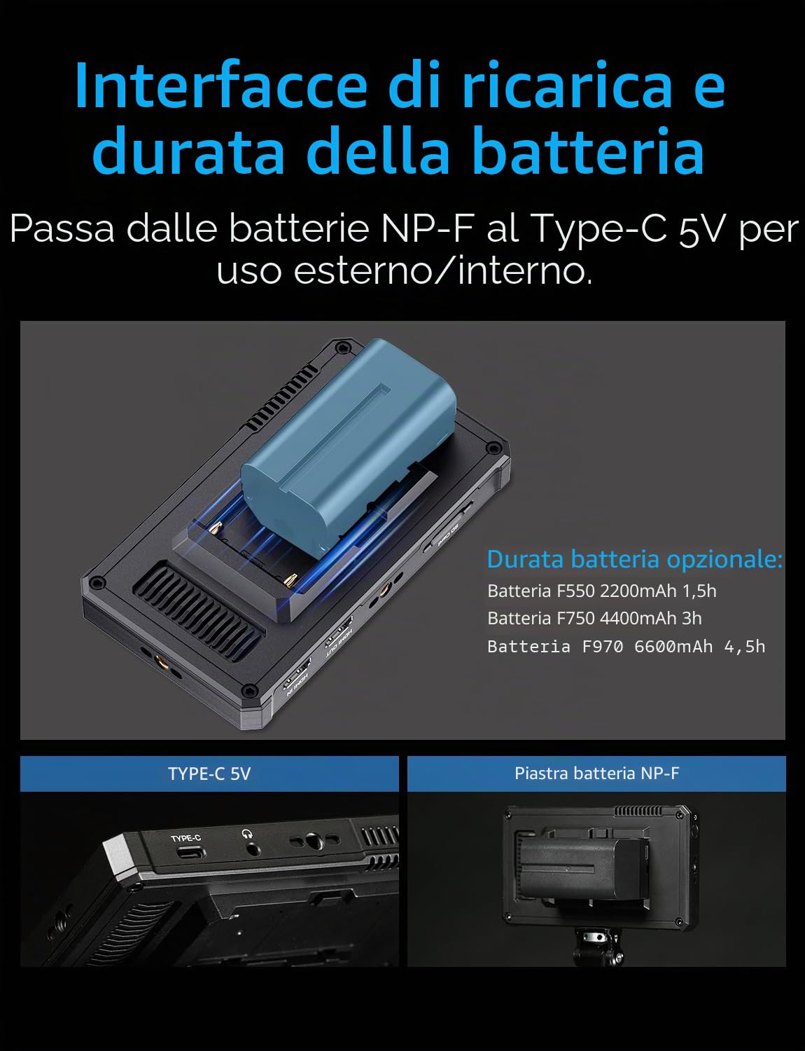 FEELWORLD PS6 Monitor da campo per videocamera da 5,5 pollici OLED verticale/orizzontale con batteria da 2200 mAh e borsa per videocamera, touchscreen, forma d'onda, 3D LUT, istogramma per cortometra