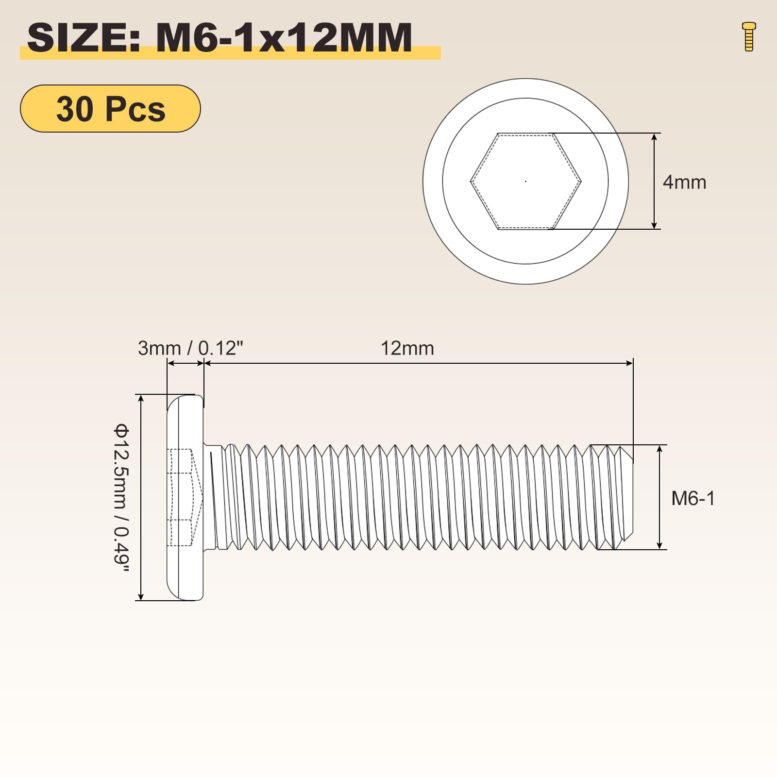 METALLIXITY Flat Head Hex Socket Cap Screws Bolts(M6-1x12) 30pcs, 304 Stainless Steel Hex Socket Furniture Bolts Screws - Image 2