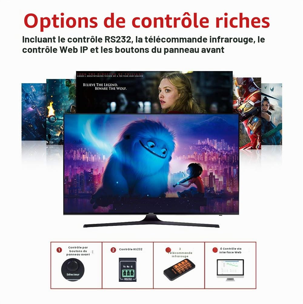 AV Access 4x4 4K @ 60Hz HDMI Matrix Splitter, HDR10, 3D, Extraction Audio, Downscaler 4K à 1080P, SPDIF 5.1CH, HDCP 2.2, Mémoire de Mise Hors Tension, Web UI + RS232 + IR + Bouton de contrôle