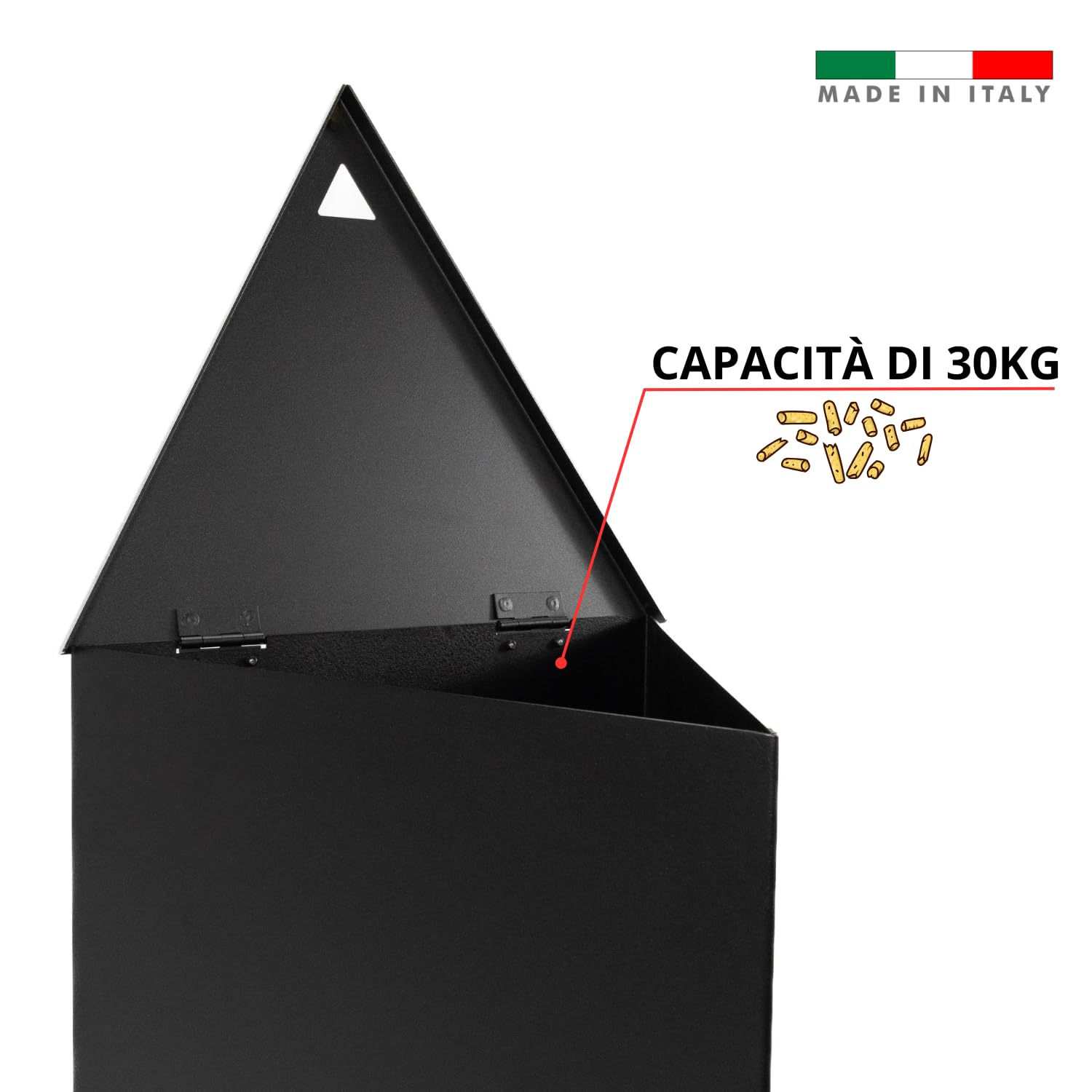 MOHOME Porta Pellet da Interno Made in Italy Contenitore Baule Triangolare Portapellet in Acciaio Nero 65 x 39 x 34 cm Capacità 30 Kg Ruote Girevoli Scatola Cesto per Stufa a Pellet Camino Già Montato