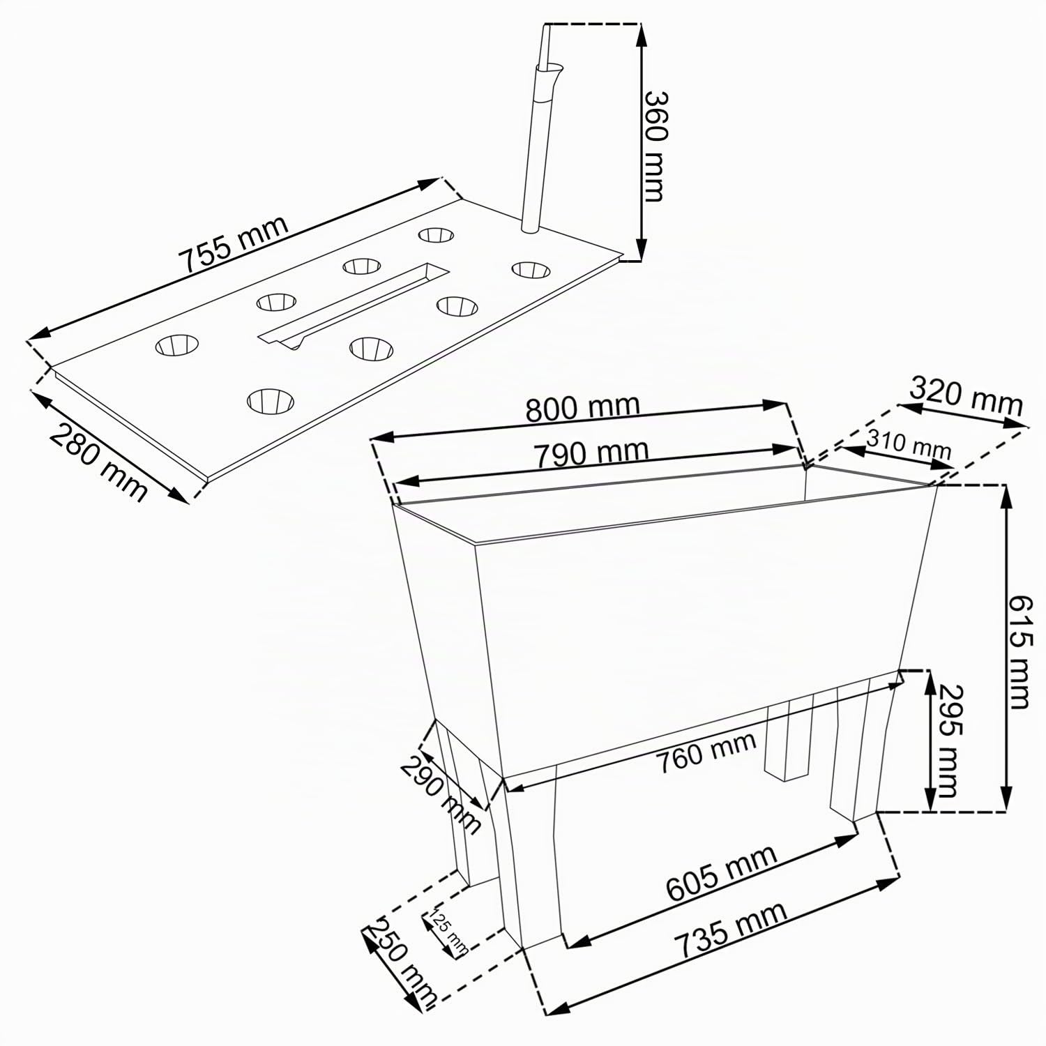 Jatery Garden 72 Liter mit Anthrazit -Bewässerung 80 x 33 x 65 cm mit Beinen