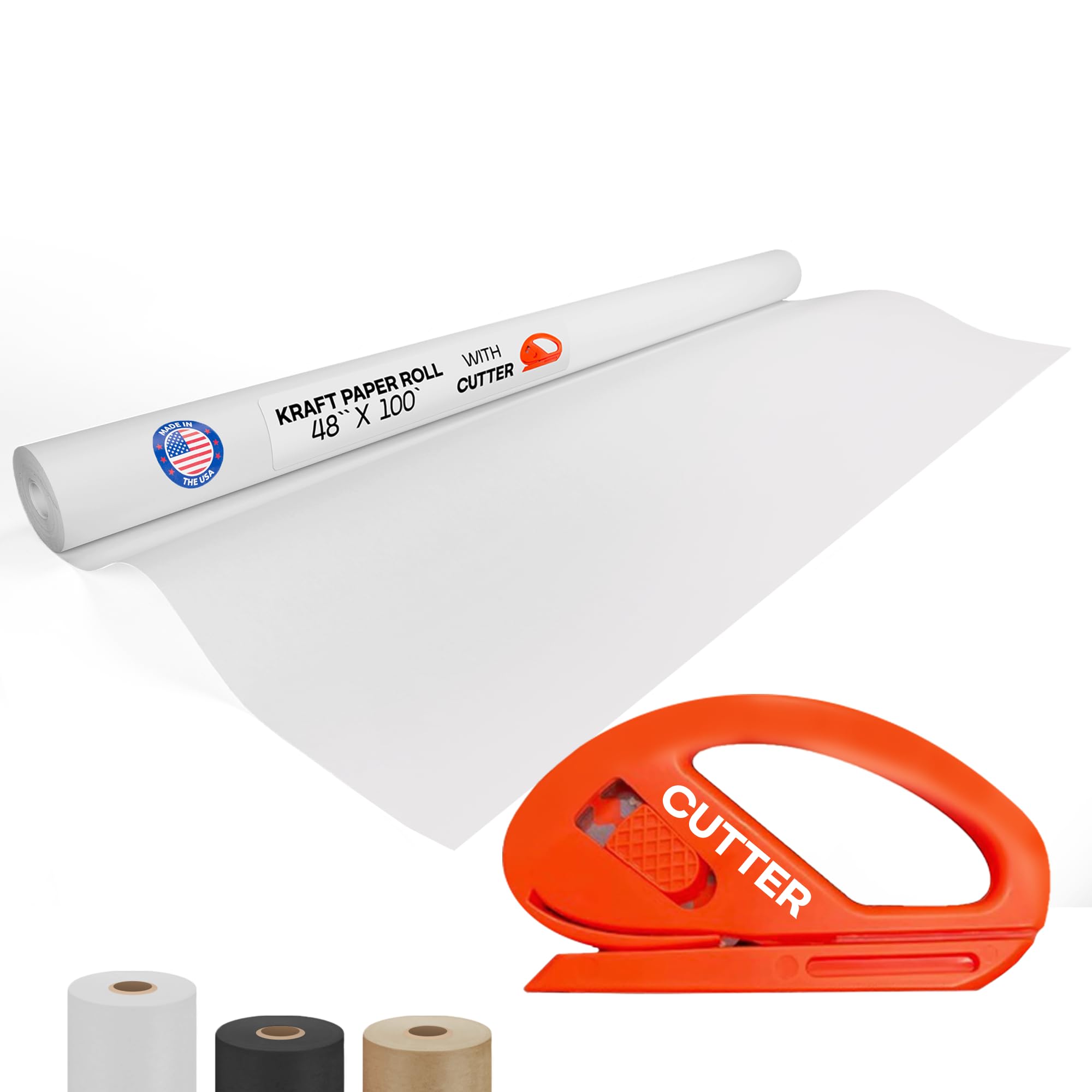 White Kraft Paper Roll 48" x 1200" (100 feet) with Cutter- USA-Made