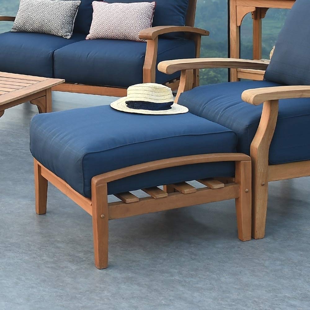 Teak Patio Ottoman with Cushion Blue Farmhouse Wood Finish Removable Cushions