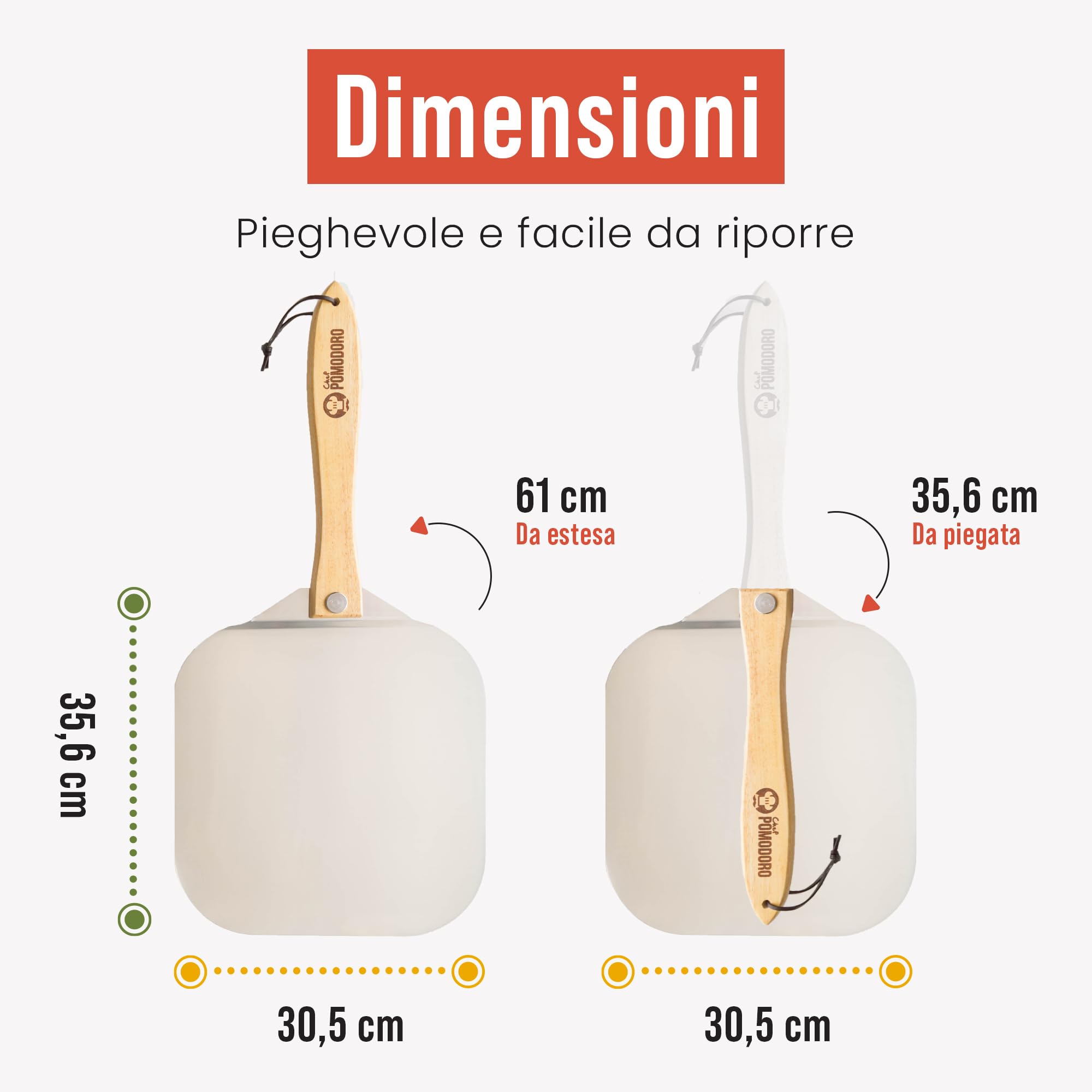 Chef Pomodoro, Pala per Pizza con Manico Pieghevole in Legno (30,5 x 35,6 cm) – Pala per Pizza Corta, Salvaspazio e Comoda da Riporre – Paletta per Pizza e Pane Fatti in Casa – Realizzata in Allumino