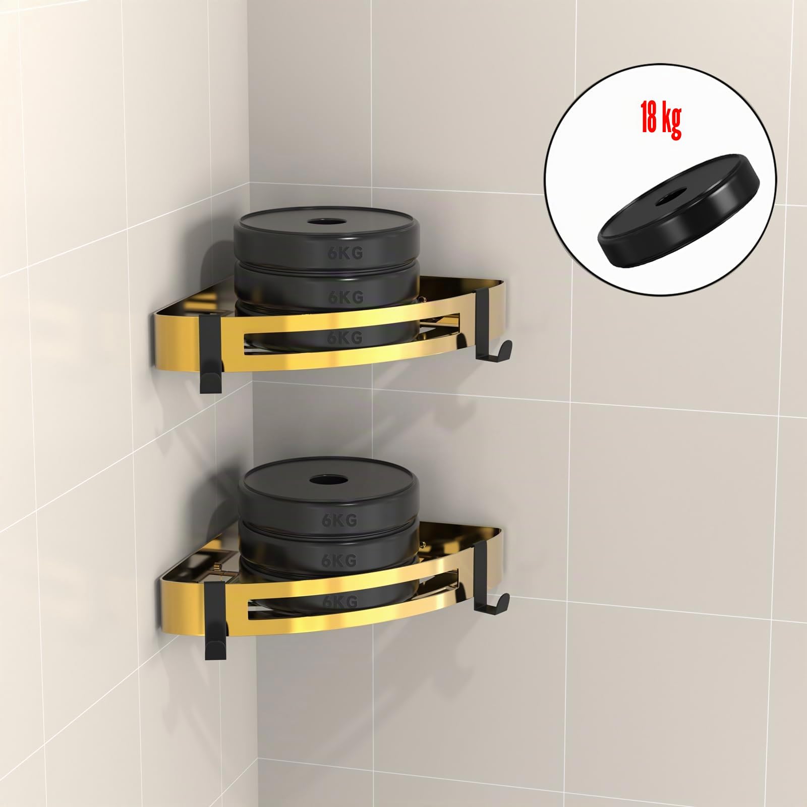 Estanteria Baño, Estanteria Esquina Ducha de Acero Inoxidable 304, Estante de Ducha sin Taladros con 4 Ganchos, Cesta de Dducha Gruesa, Colgante para Organizador para Duchas, Cocinas (2 Piezas, Oro)