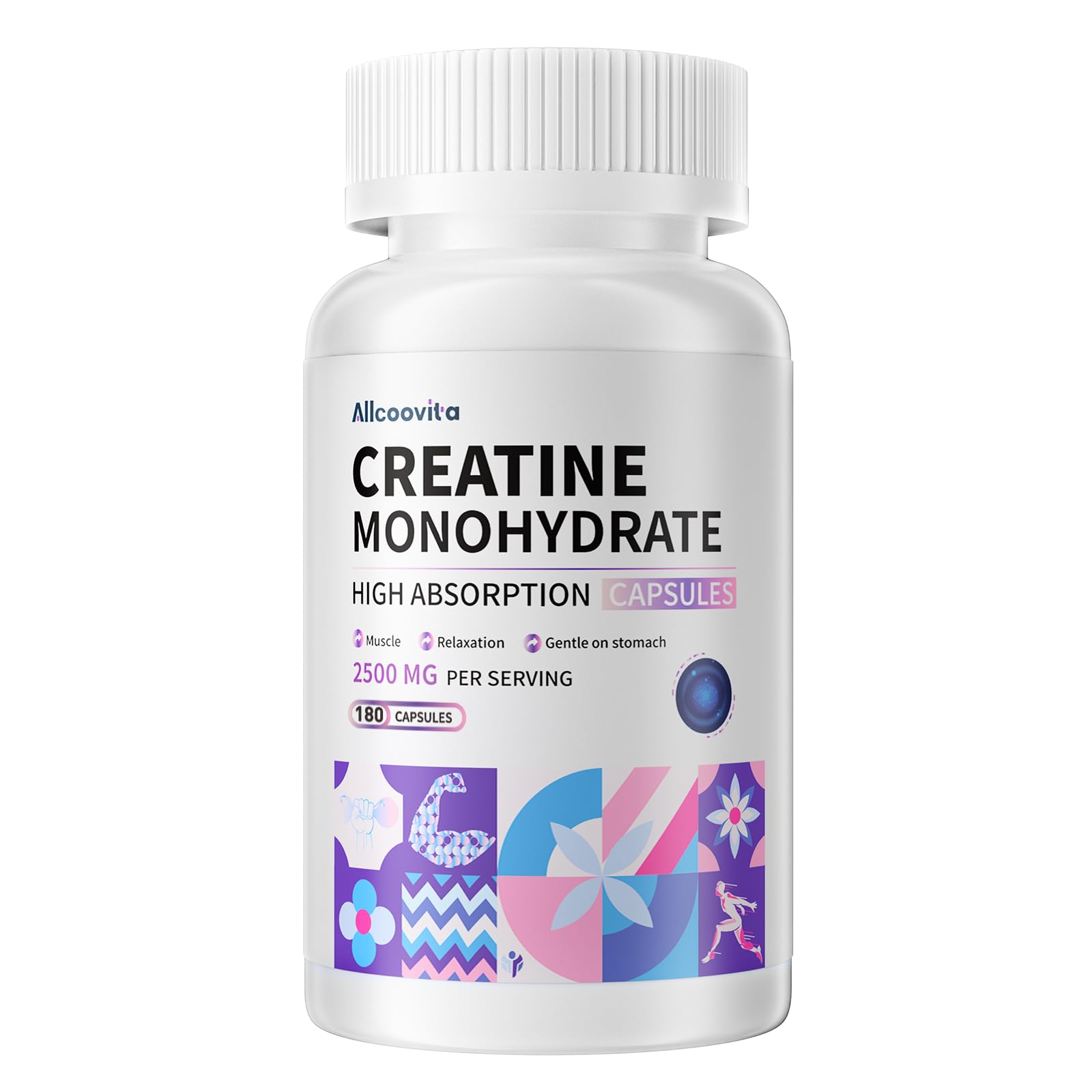 Allcoovita Creatine Monohydrate Capsules -3 Creatine Capsules per Serving, 2500mg, Gluten Free, 180 Capsules