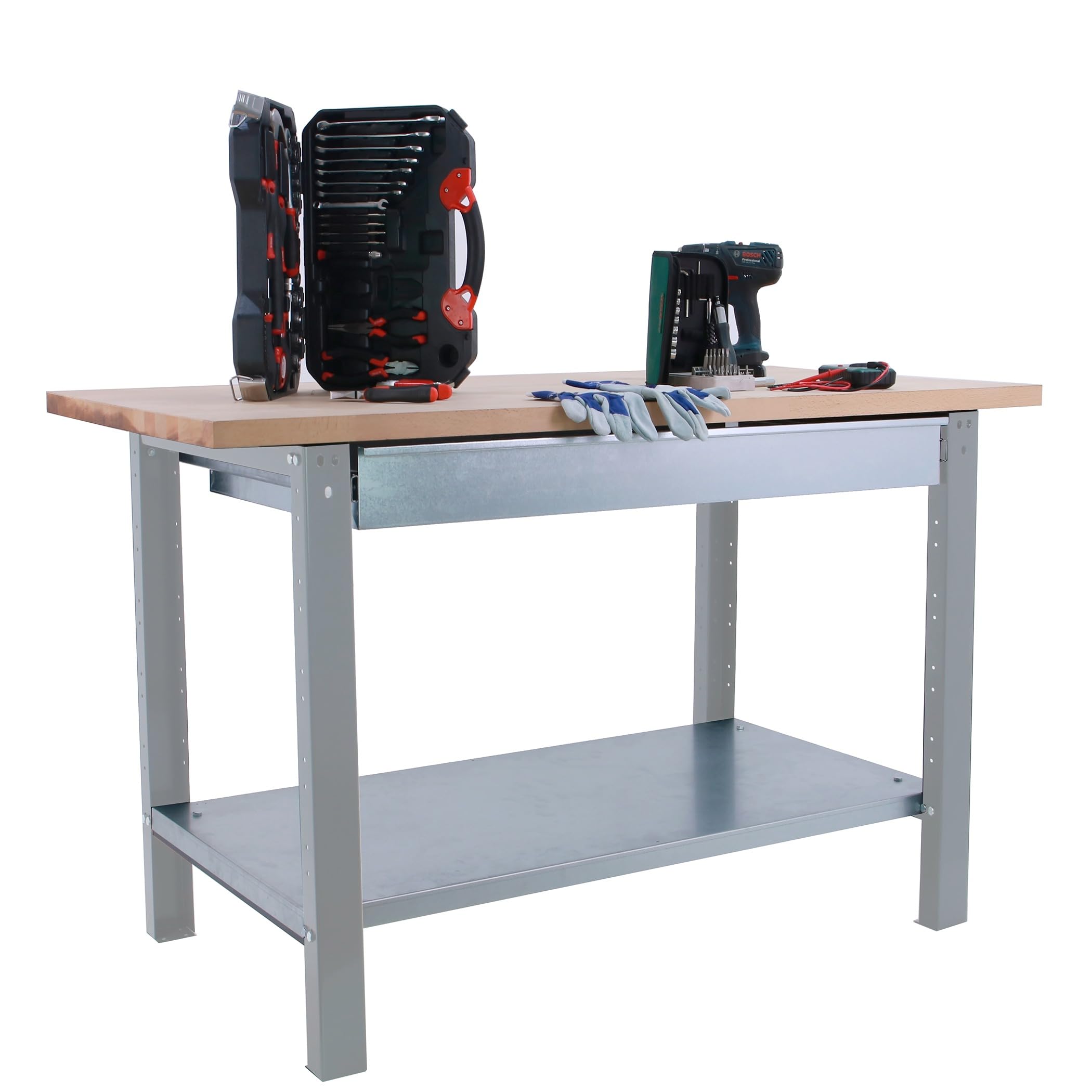 SimonRack Banco de Trabajo Taller, Capacidad Carga 1000 kg, 865x1200x750 mm, Mesa de Trabajo, 1 Cajón, Gris/Haya - BT6 PRO | Tablero Madera Alistonada 32 mm, Capacidad Carga 1000 kg, Madera Haya, Gris , Pintura anticorrosión