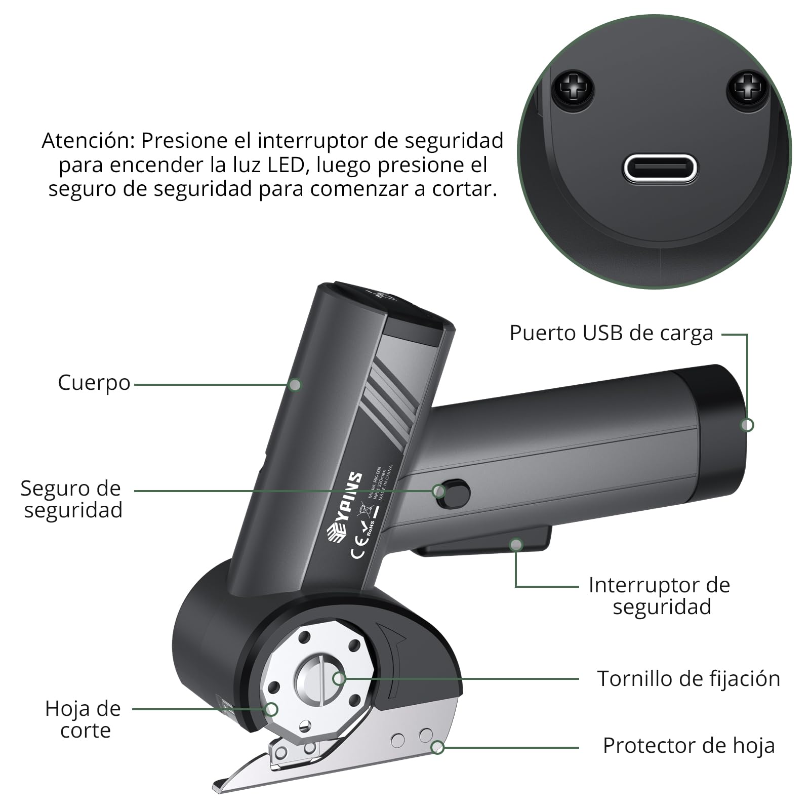 EYPINS Tijeras Eléctricas Inalámbricas con 4 Velocidades (120-320 rpm), Cortador Electrica con Pantalla LCD+Luz LED, Hoja SK5, Carga USB-C, Bolsa de Almacenamiento,para Tela Cuero Alfombra Cartón