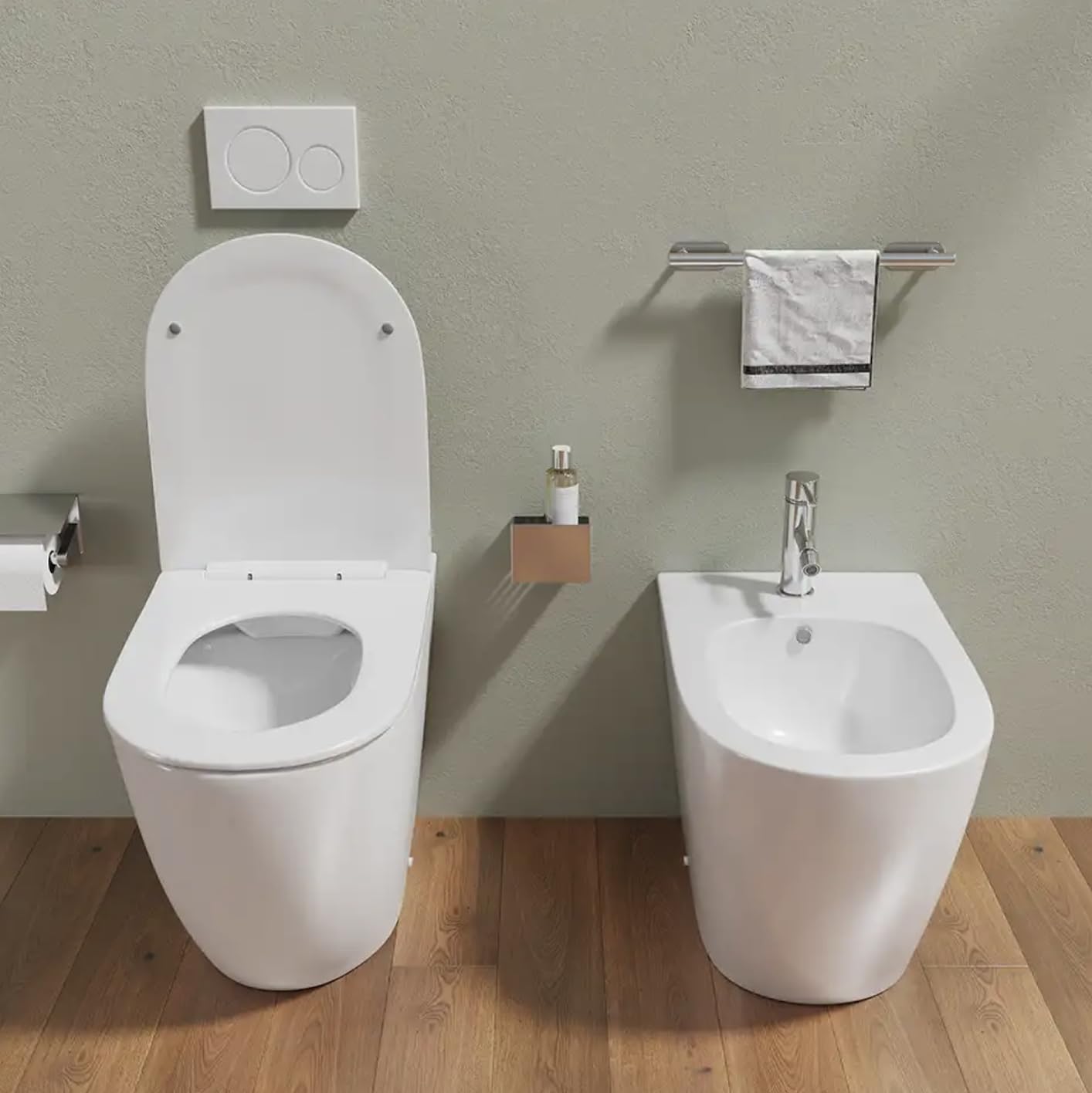 Sanitari filomuro in ceramica bianco lucido vaso rimless con copriwc soft-close e bidet OASI (52 cm)