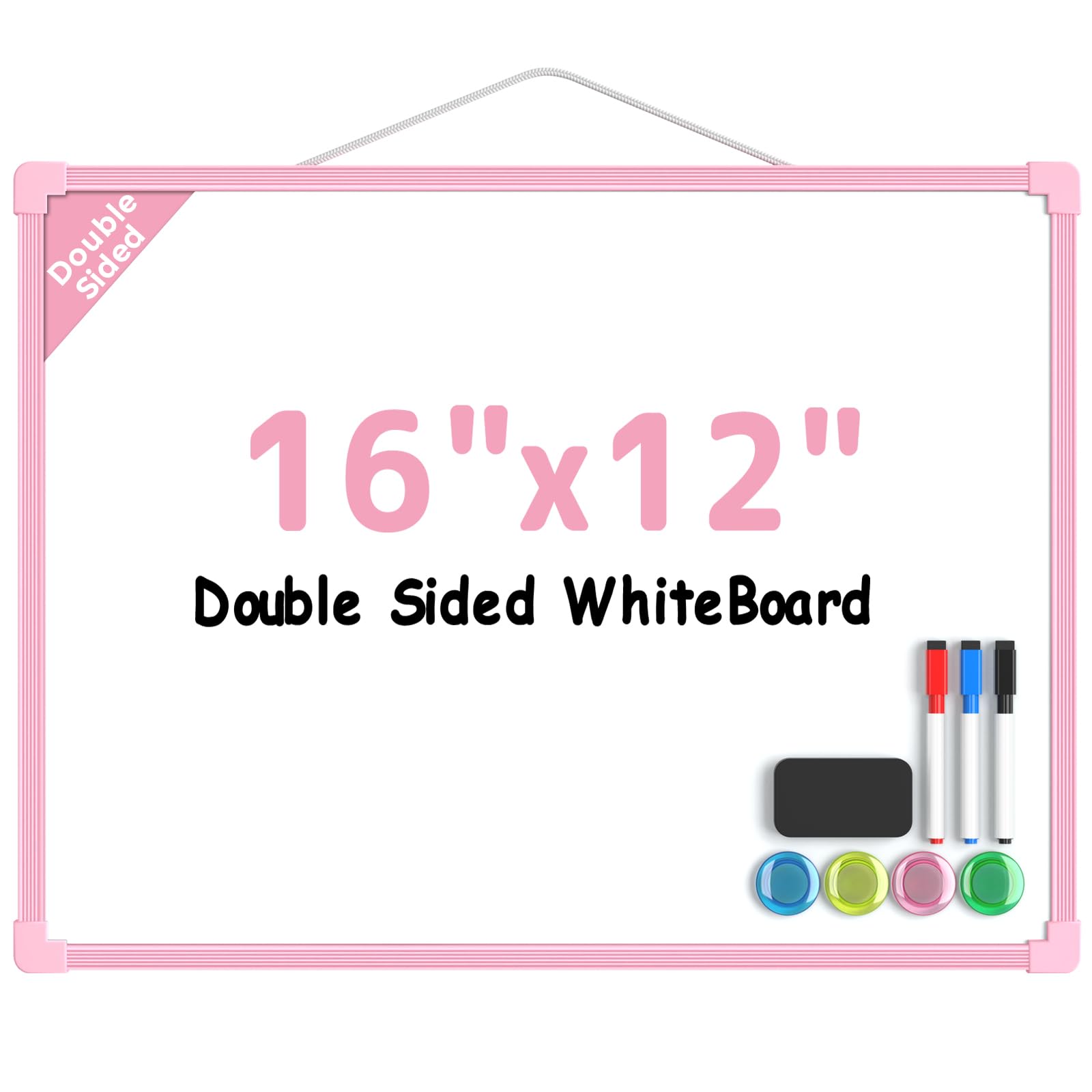 MaxGear Double-Sided Dry Erase Board for Wall, 16"x12", Pink Frame | Small White Board, Includes 3 Markers &amp; 4 Magnets, Portable hanging Whiteboard for Home, Office, Double Sided Tapes Included