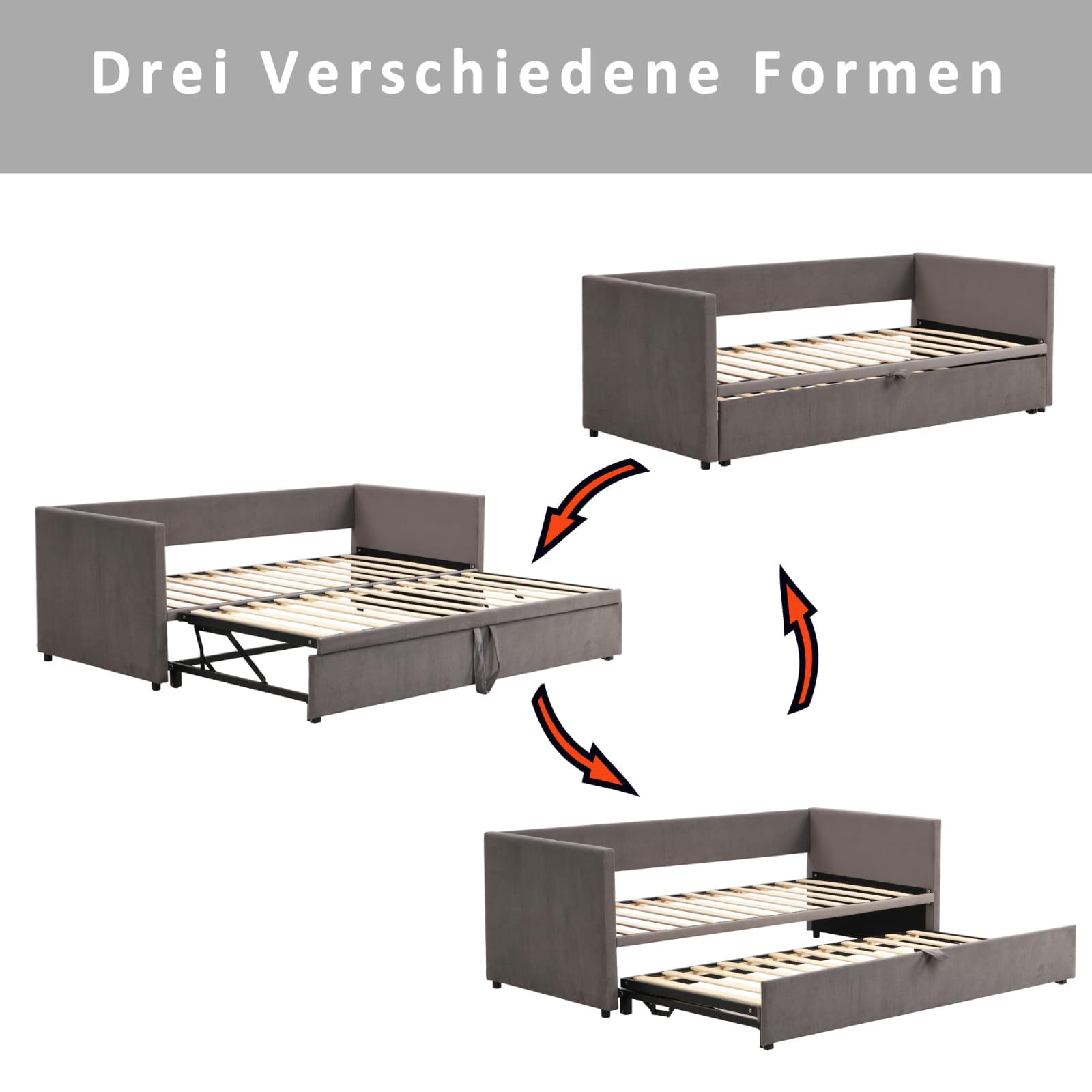 Schlafsofa Ausziehbar 90/180x200cm,Gästebett Tagesbett mit Lattenrost,Grau | Schlafcouch Polsterbett für Schlafzimmer Wohnzimmer,Ausziehbar zum Doppelbett,für Kleine Räume,Multifunktionsbett,Samtstoff