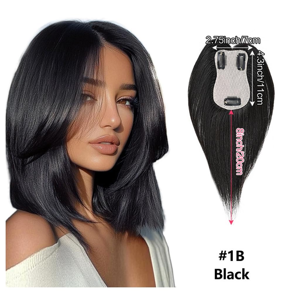 Haar Toppers für Frauen Echthaar Topper Natürlich Clip in Haarteil aus-Echthaar Flauschiger Glatter Hair-Topper Zum Einclipsen für Damen Dünner Werdendes-Haarteil Oberkopf 1B# 35cm