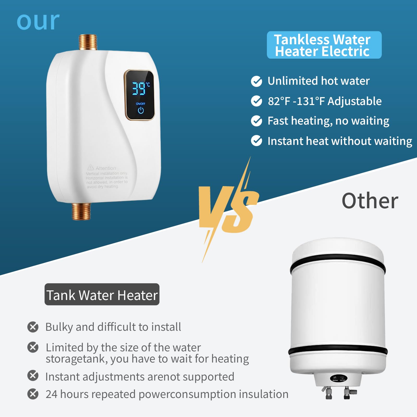 Calentador de agua eléctrico sin tanque, calentador de agua eléctrico sin tanque de 3000 W, 110 V, calentador de agua caliente bajo demanda, eléctrico con visualización digital, calentador de agua