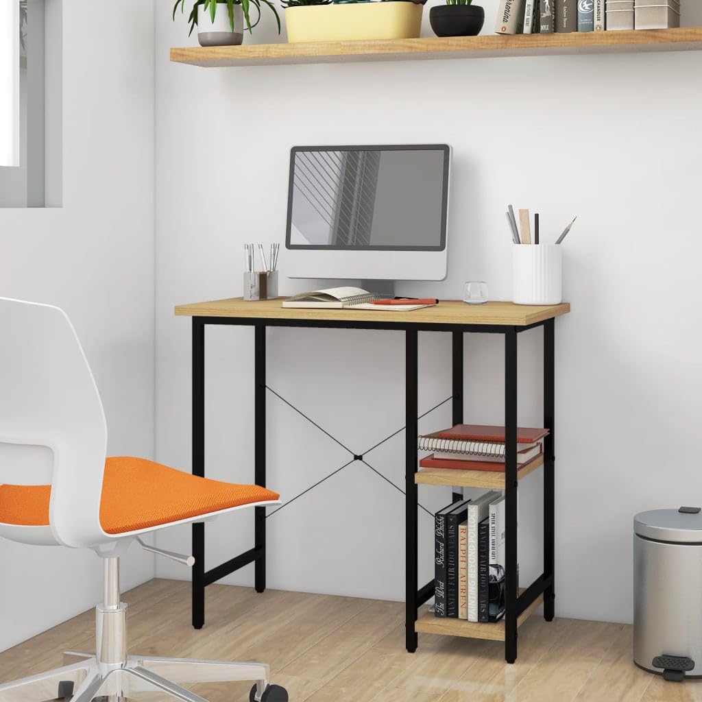 Homgoday Bureau d'étagères, bureau d'ordinateur noir et chêne clair 80 x 40 x 72 cm MDF métal, mobilier de bureau pour ordinateur, bureau peu encombrant, table de bureau, bureau de jeu pour chambre