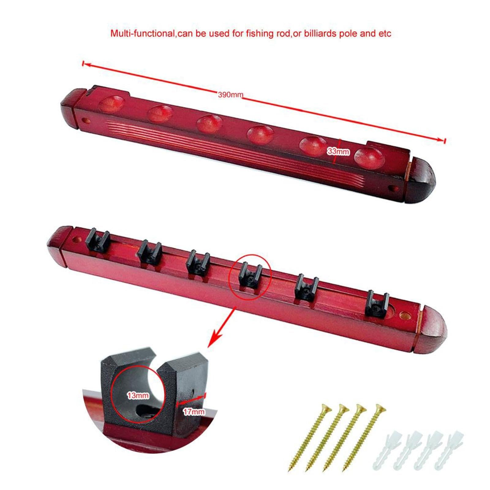 PLAY CITY Wooden cue rack Wall holder Pool Snooker Billiard with 6 clips and accessories 3