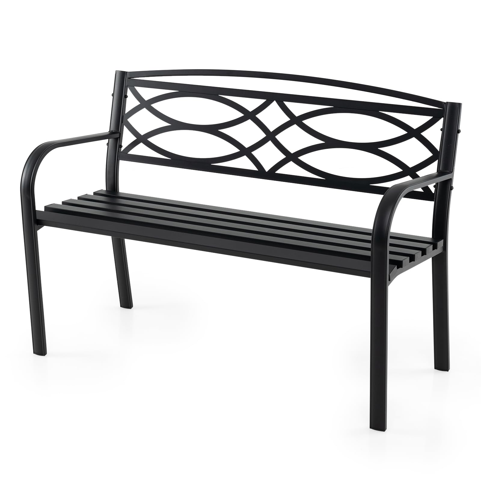 GOPLUS Banco de Jardín de Metal Resistente con Respaldo | Asiento con Listones y Reposabrazos Curvados para 2 Personas, Mueble de Exterior para Patio Trasero, Piscina, Porche y Parque