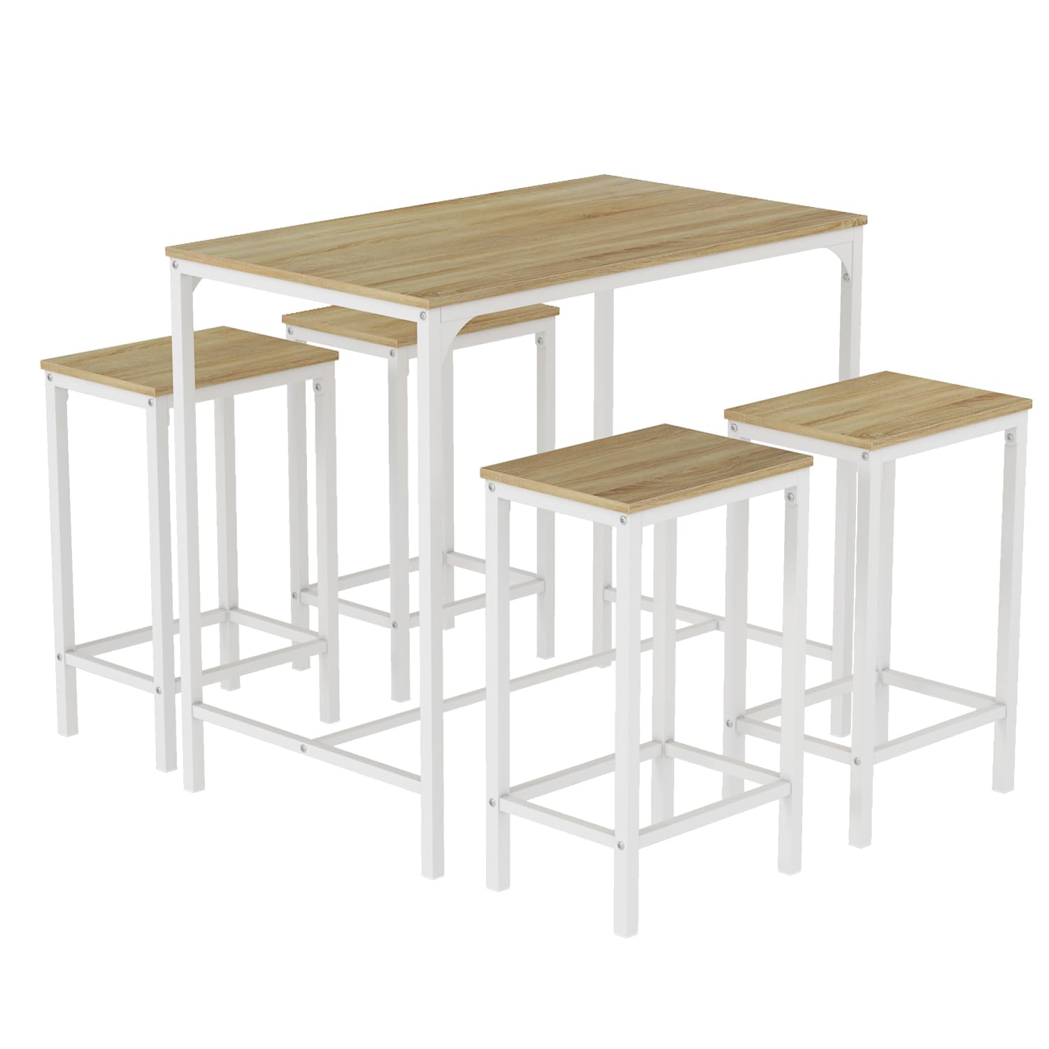 Table de Bar avec 4 chaises de Bar,Cuisine Salle à Manger Set,Table de Bar et tabourets de Bar Set,pour Cuisine Salle à Manger Salon Taverne,Veinage chêne+Cadre métallique Blanc