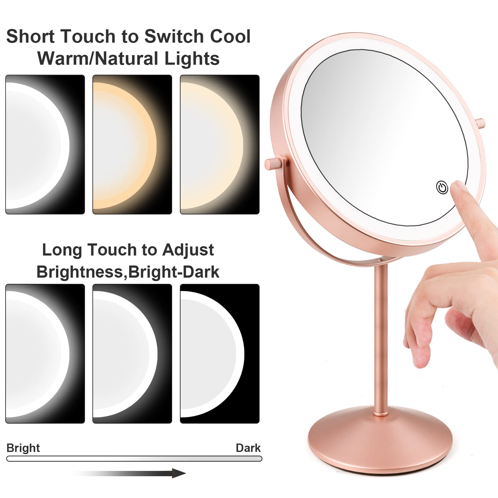 Specchio di Vanity LED Ingrandito 7x Ricaricabile USB Specchio per il Trucco Rotazione di 360 Gradi Specchio da Tavolo con Luminosità del Touch Screen Regolabile (Rose Gold)