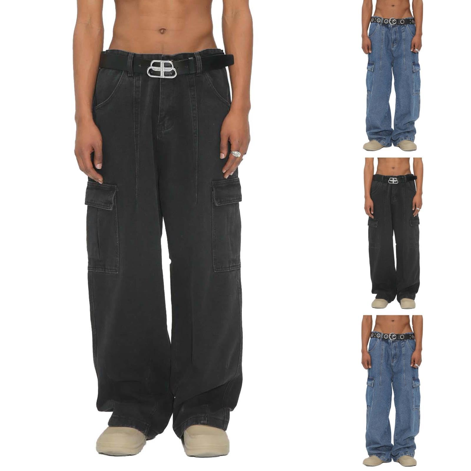 Generico Baggy Jeans Uomo Pantaloni Jins Y2K Balloon Loose Moto Strappati Invernali Zampa Slim Larghi Salopette Fit Flare Cargo Flared