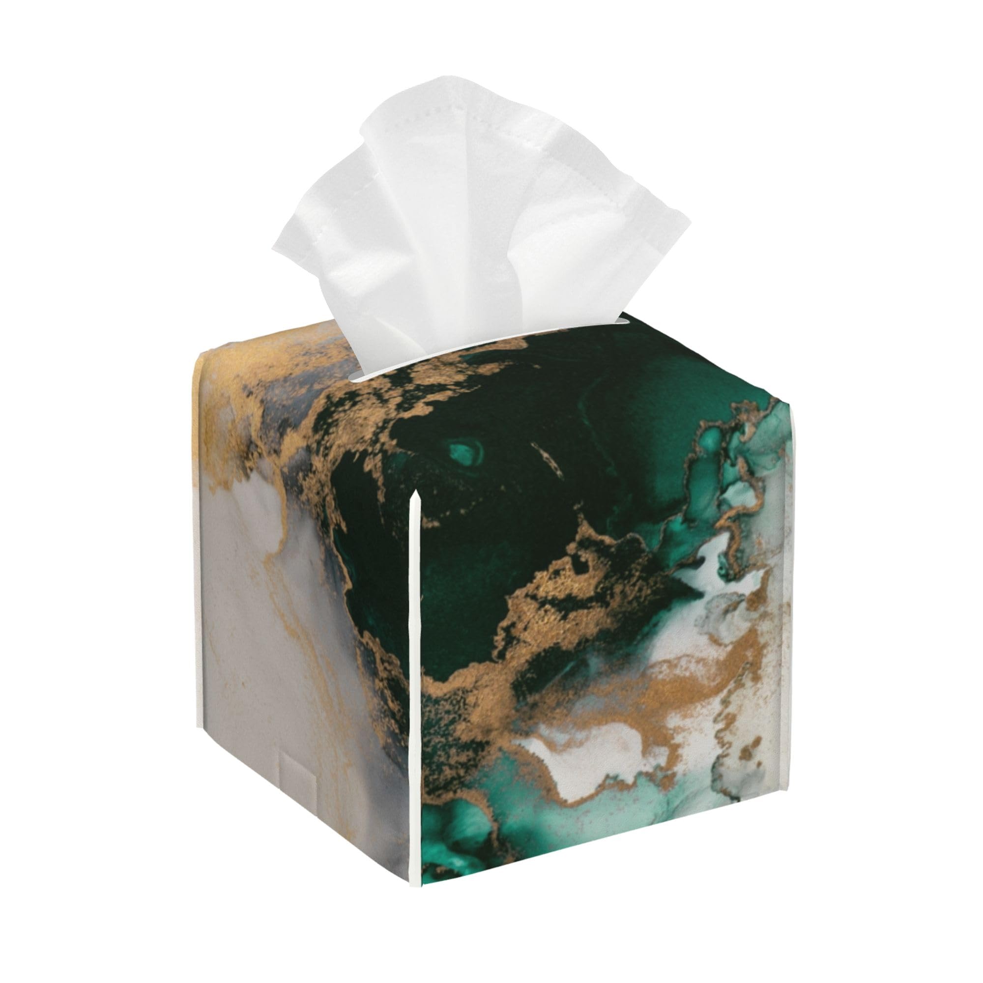 Square Tissue Box Cover Teal and Gold Marble Tissue Box Holder Facial Cube Paper Dispenser Leather Decorative Organizer Home Office Desk Decor 5.2"x5.2"x5.2"