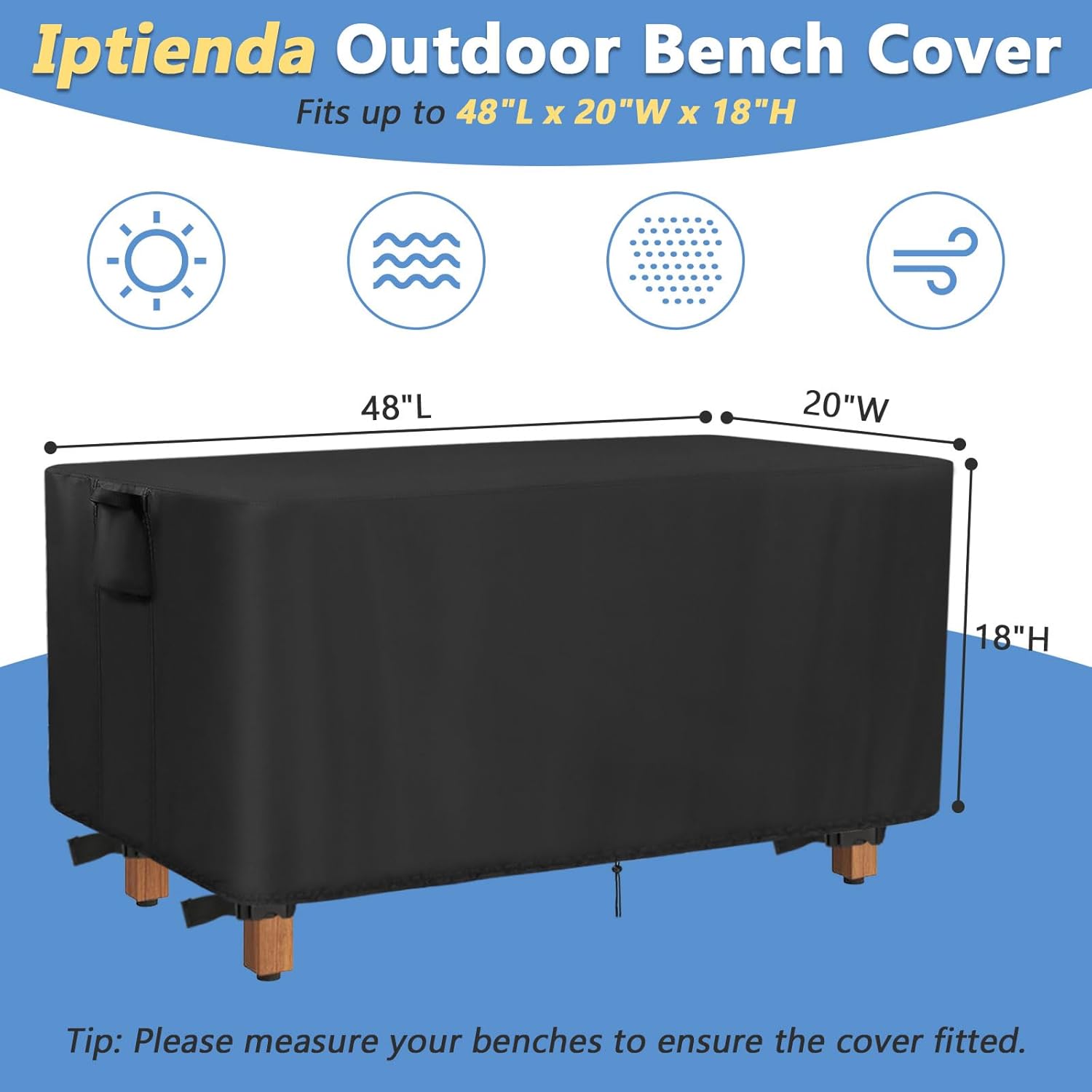 Outdoor Bench Cover, 48inch Waterproof Backless Bench Cover Rectangle for Patio Teak Bench Farmhouse, Black-48"L x 20"W x 18"H