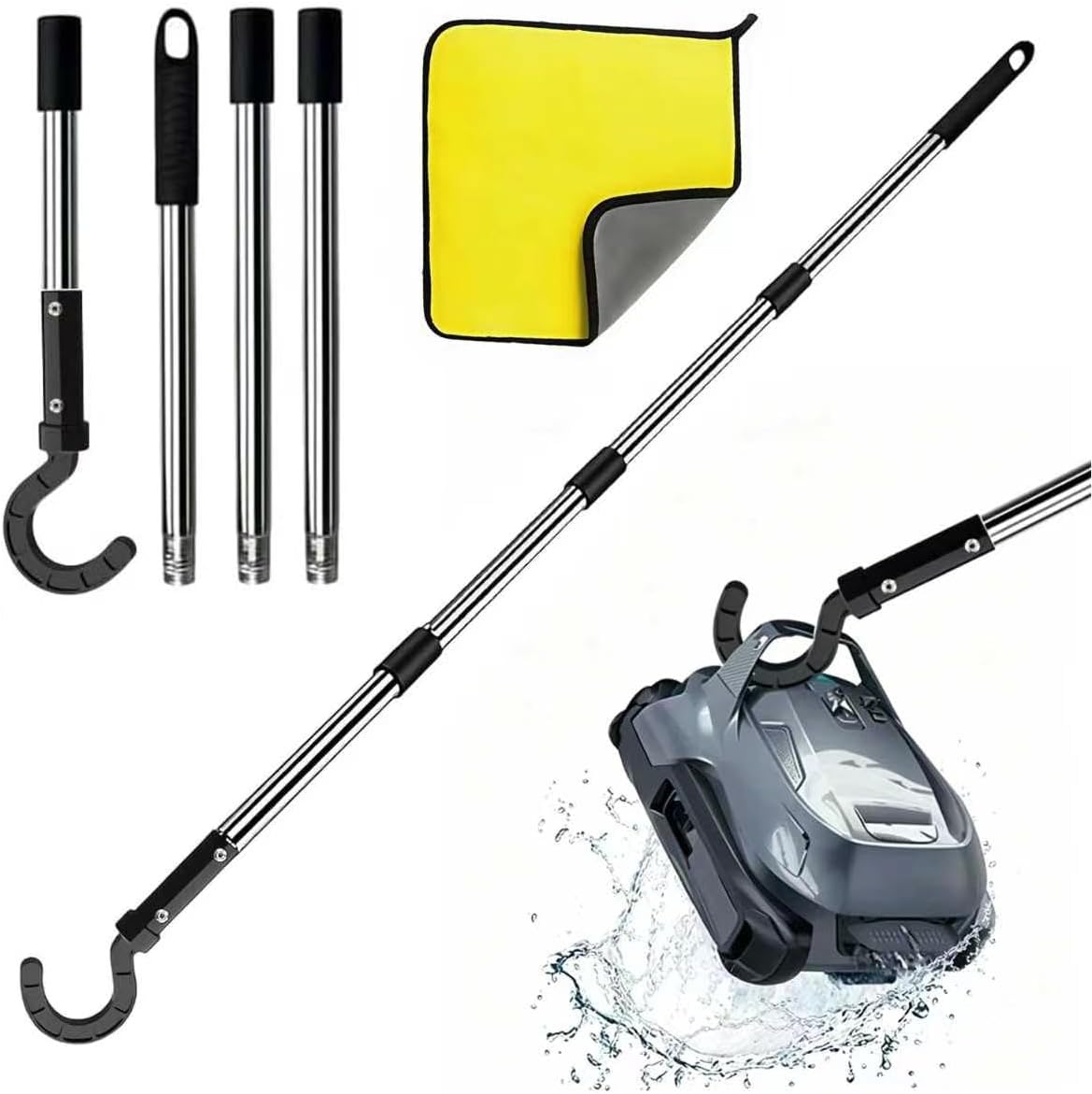 Universal Robotic Pool Cleaner Retrieval Hook with 3ft Telescopic Pole - 3-Section Adjustable Aluminum Extension Rod & Heavy-Duty Hook Set - Pool Vacuum Accessory for Cordless Smart Robots