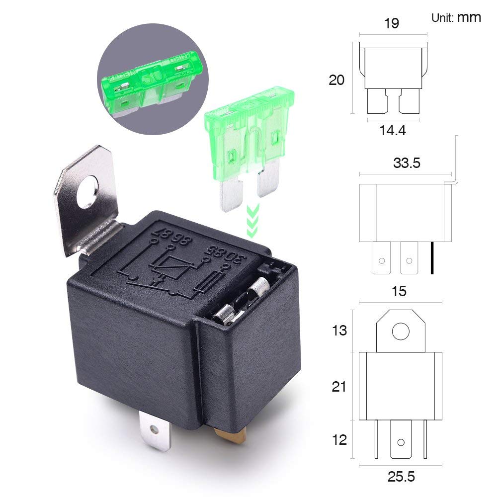 DollaTek 6Pcs 12V 30A Cablaggio Interruttore relè Fusibile Fusibile Lama ATO/ATC, relè elettrici automobilistici SPST a 4 Pin con Cavi 14 AWG per Servizio Pesante