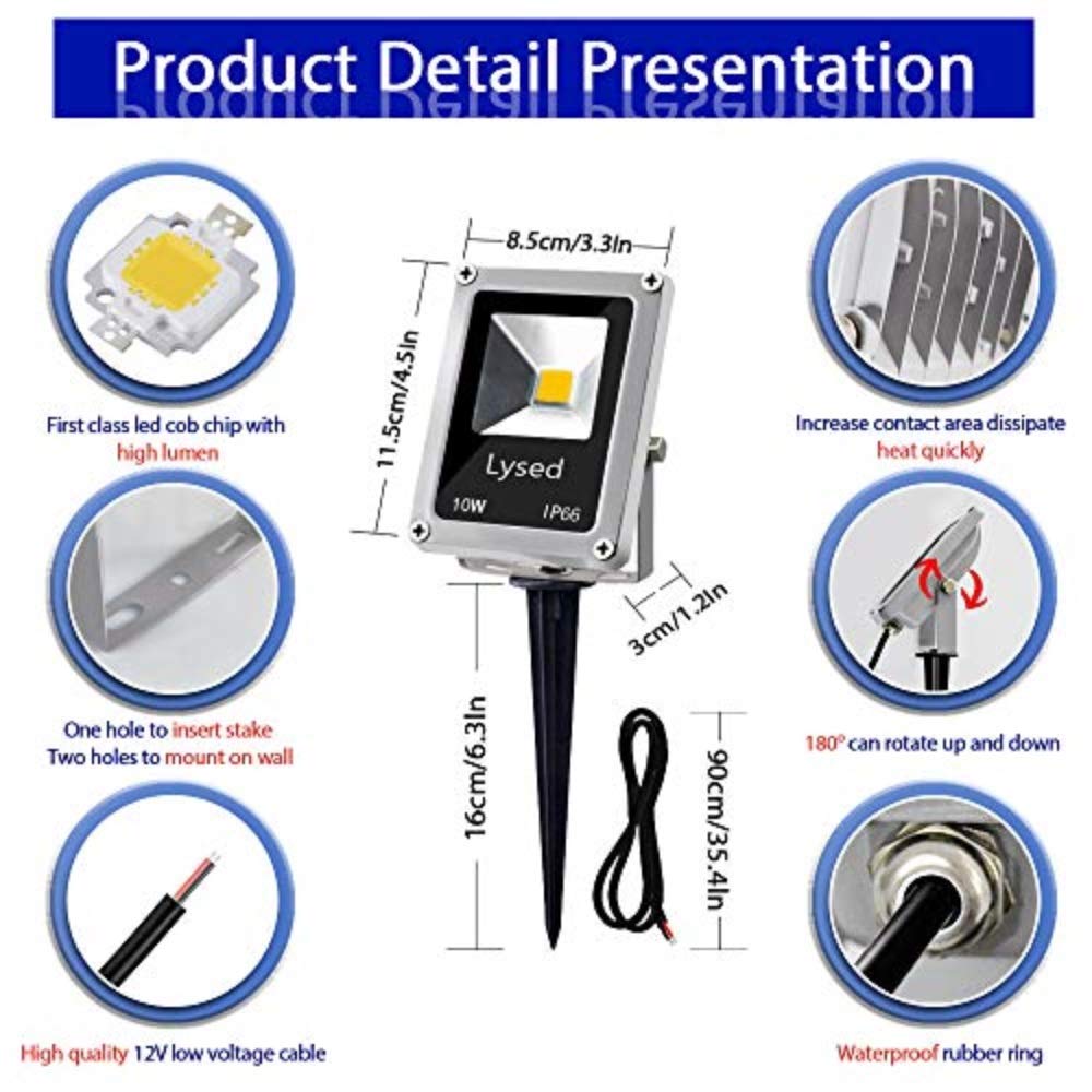Niskie napięcie 10 W oświetlenie krajobrazowe 12 V LED reflektory zewnętrzne IP66 wodoodporne lampy ogrodowe, 3000 K ciepłe białe światło trawnik naświetlacz paliki (6 sztuk)