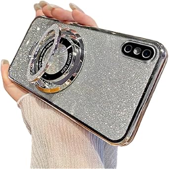 iPhone Xs Max Glitter Case [Compatible with Magsafe], Stand Sparkly Slim TPU Shockproof Protective Cover for Girls Women Clear Phone Bling Sliver DS