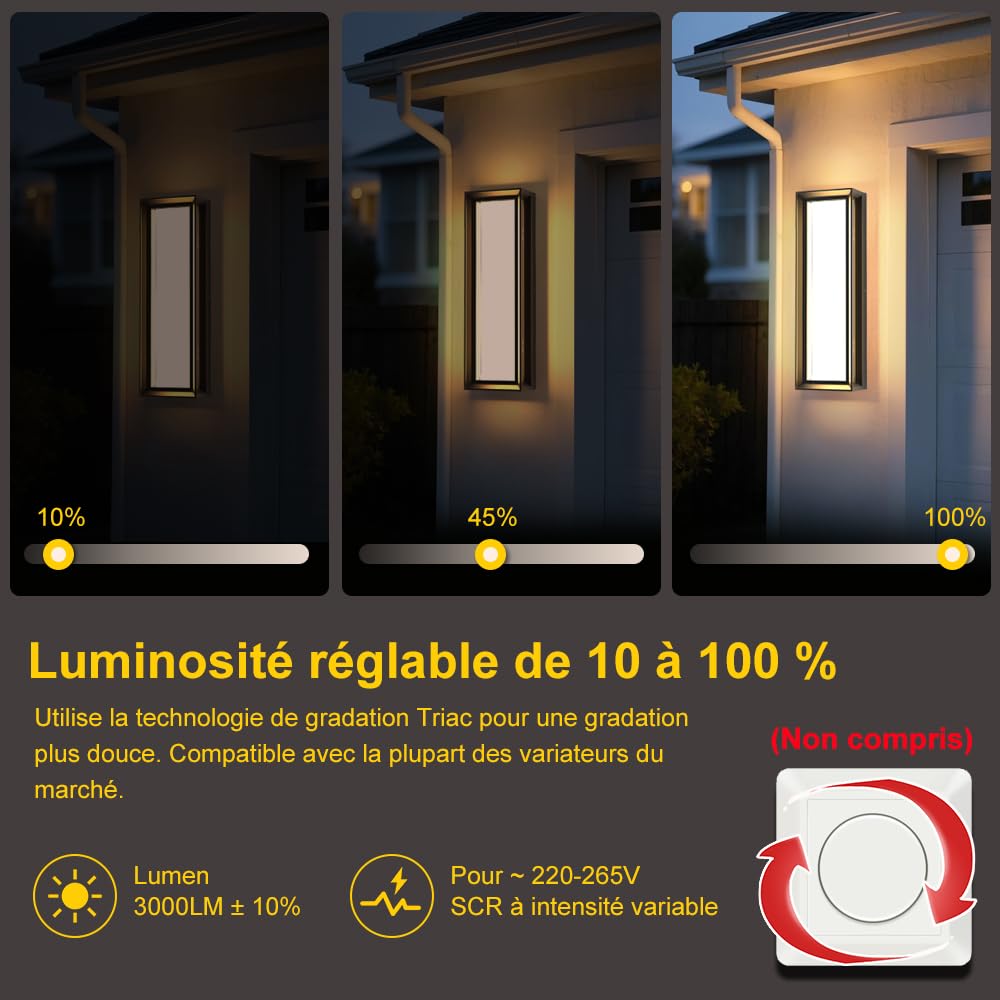 Sytmhoe 40 cm‌ Applique Murale Exterieur Moderne Dimmable 3CCT 30W IP65
