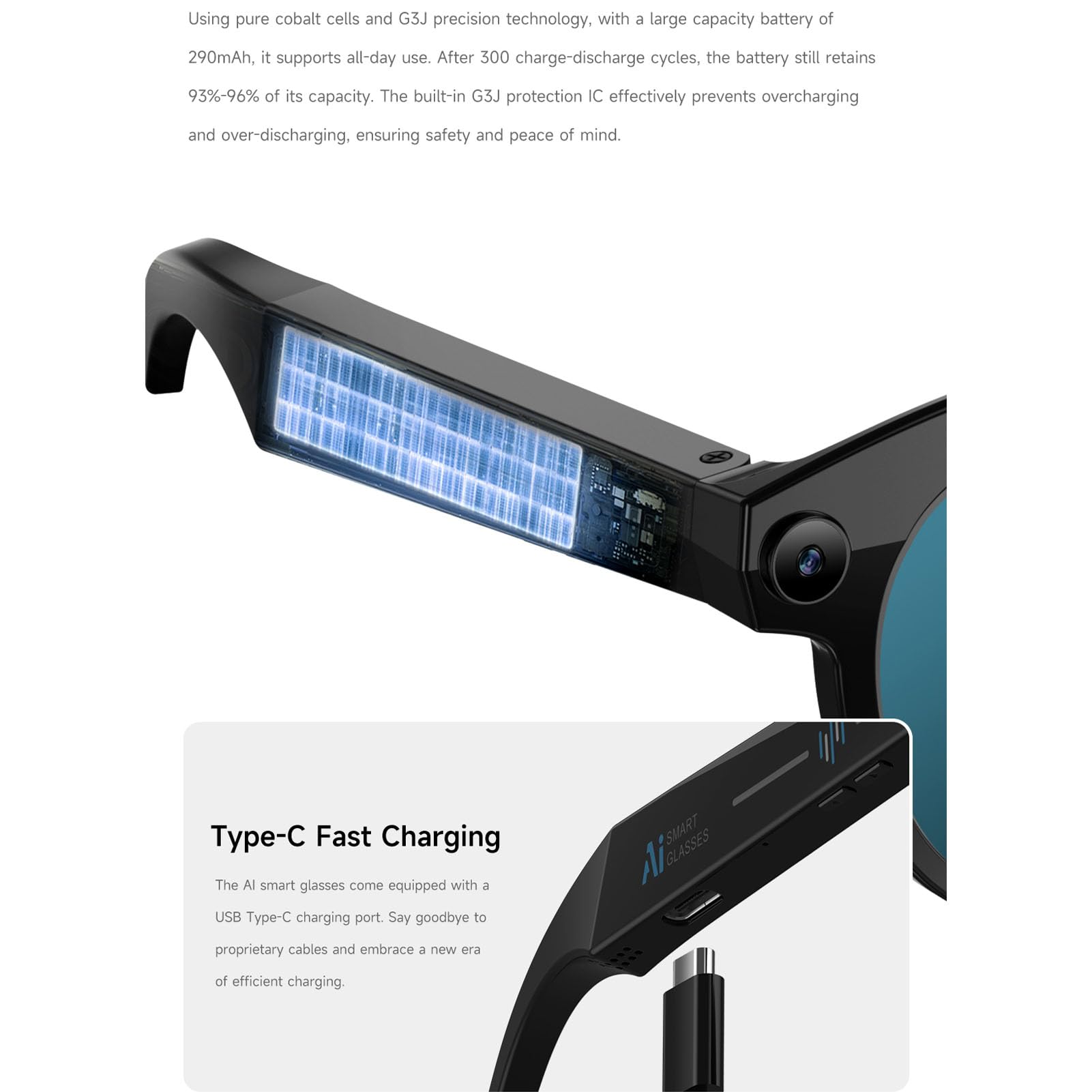 Asixxsix Occhiali Intelligenti AI con Fotocamera, Occhiali per Fotocamera da 2 MP con Traduzione in Tempo Reale, Assistente Vocale e Flash LED, per (Montatura nera con lenti trasparenti e blu)