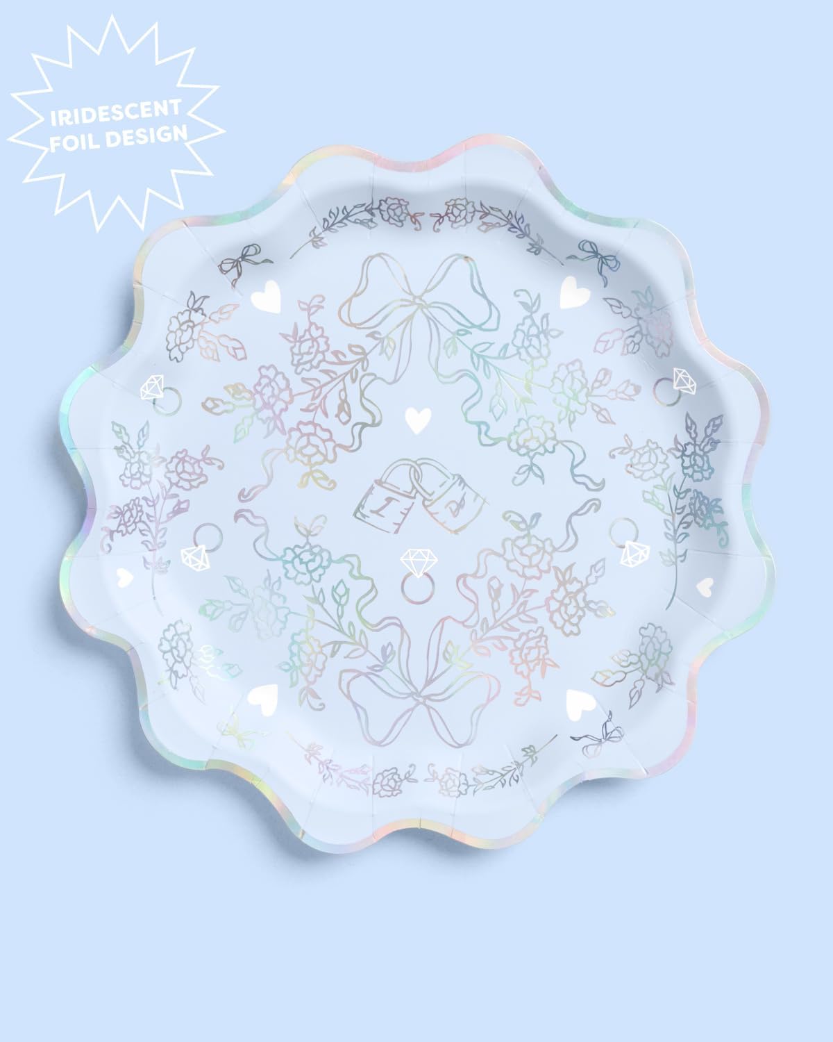 xo, Fetti Something Blue Wavy Plates, Blue + Iridescent Foil - 25 pcs | Bachelorette Decorations, Engagement Party, Bridal Shower Setting, Disposable Tableware, Bride To Be Dinner