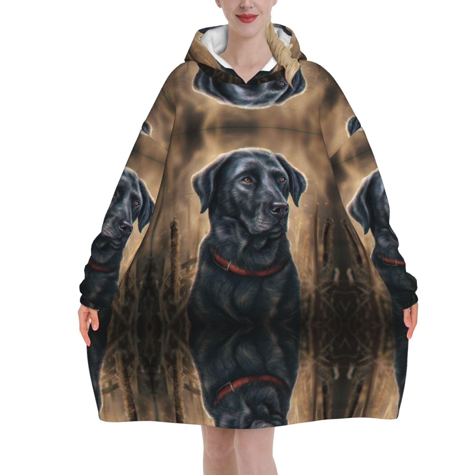 Poadnly Unisex As Picture Black Labrador,Women's Oversized Wearable Blanket Hoodie, Blanket Sweatshirt,Flannel Pullover Blanket