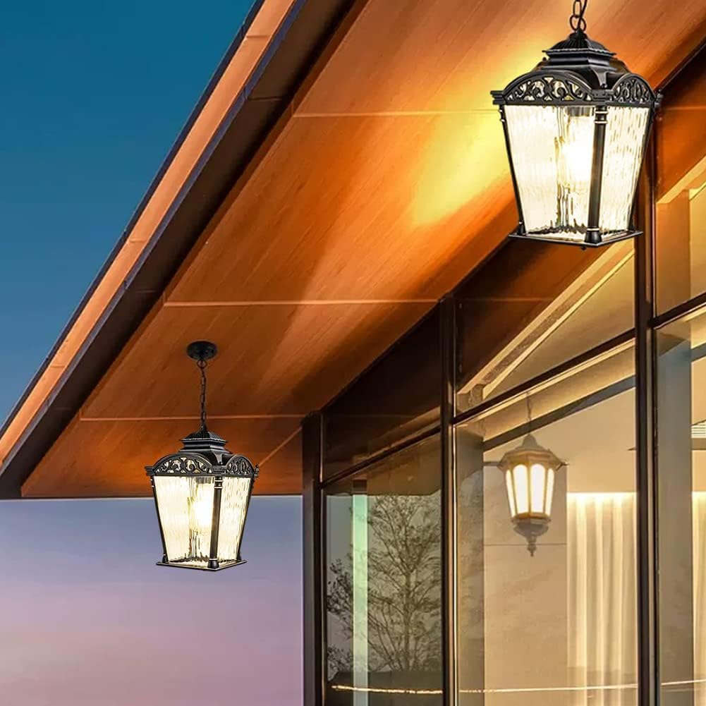 Home Decoration Mid Century Outdoor Ceiling Mount Porch Pendant Light Painted Black Gold Hanging Lantern Glass Rippling On Water Vintage Farmhouse Waterproof Outdoor Chandelier