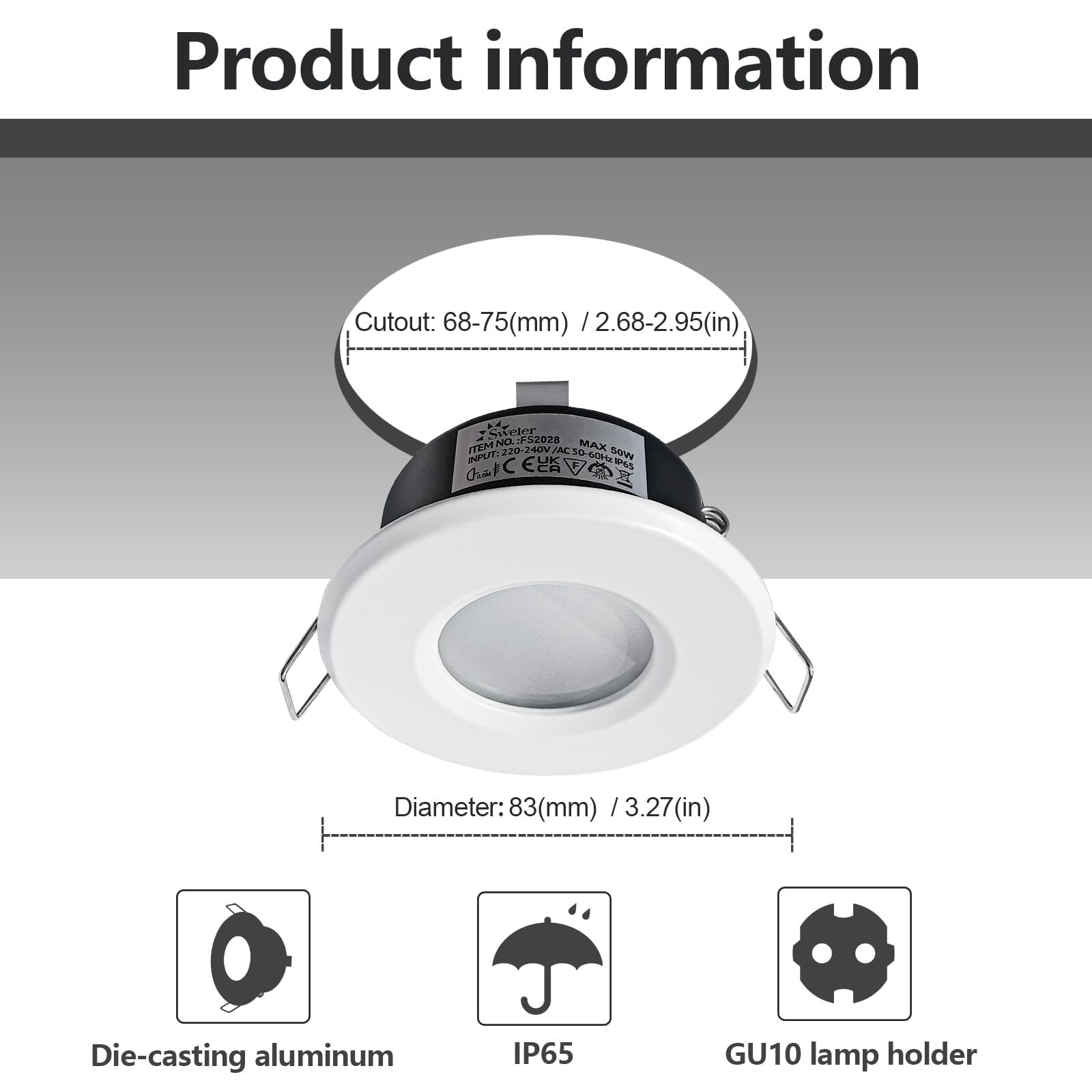 Sweier IP65 Recessed Downlight Single Pack, GU10 White Bathroom Spotlights, Die-Cast Aluminium, 68mm Cut-Out - Image 2