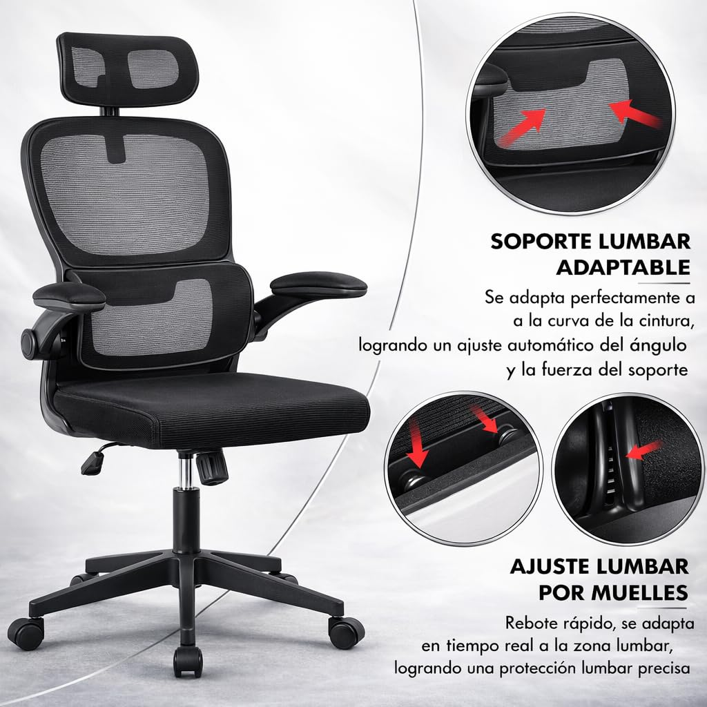 Silla de oficina ergonómica con respaldo de malla transpirable y reposacabezas ajustable | Asiento acolchado, reposabrazos abatibles y base resistente con ruedas giratorias | Diseño moderno