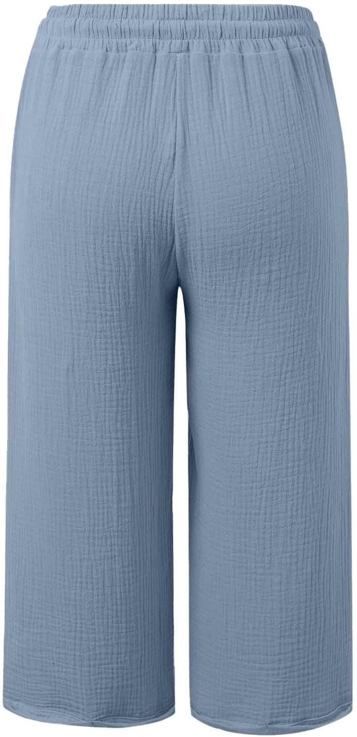 Women's Linen Capri Pants for Summer Cropped Wide Leg Trouser with Pockets Elastic Drawstring Waist Loose Fit Pants