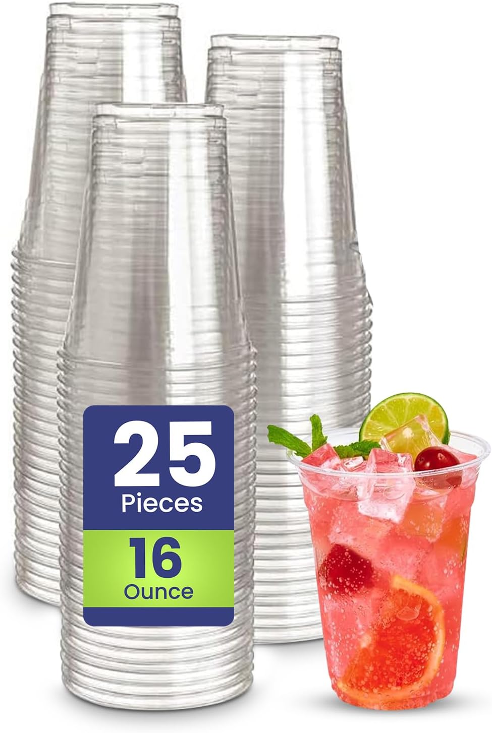 SNH 25 Pieces 16Oz Juice Cup Clear Strong Disposable Plastic Cups - Ideal for iced coffee, smoothies, Bubble Boba tea, milkshakes, frozen cocktails, water, sodas, juices, snacks, dessert & more.