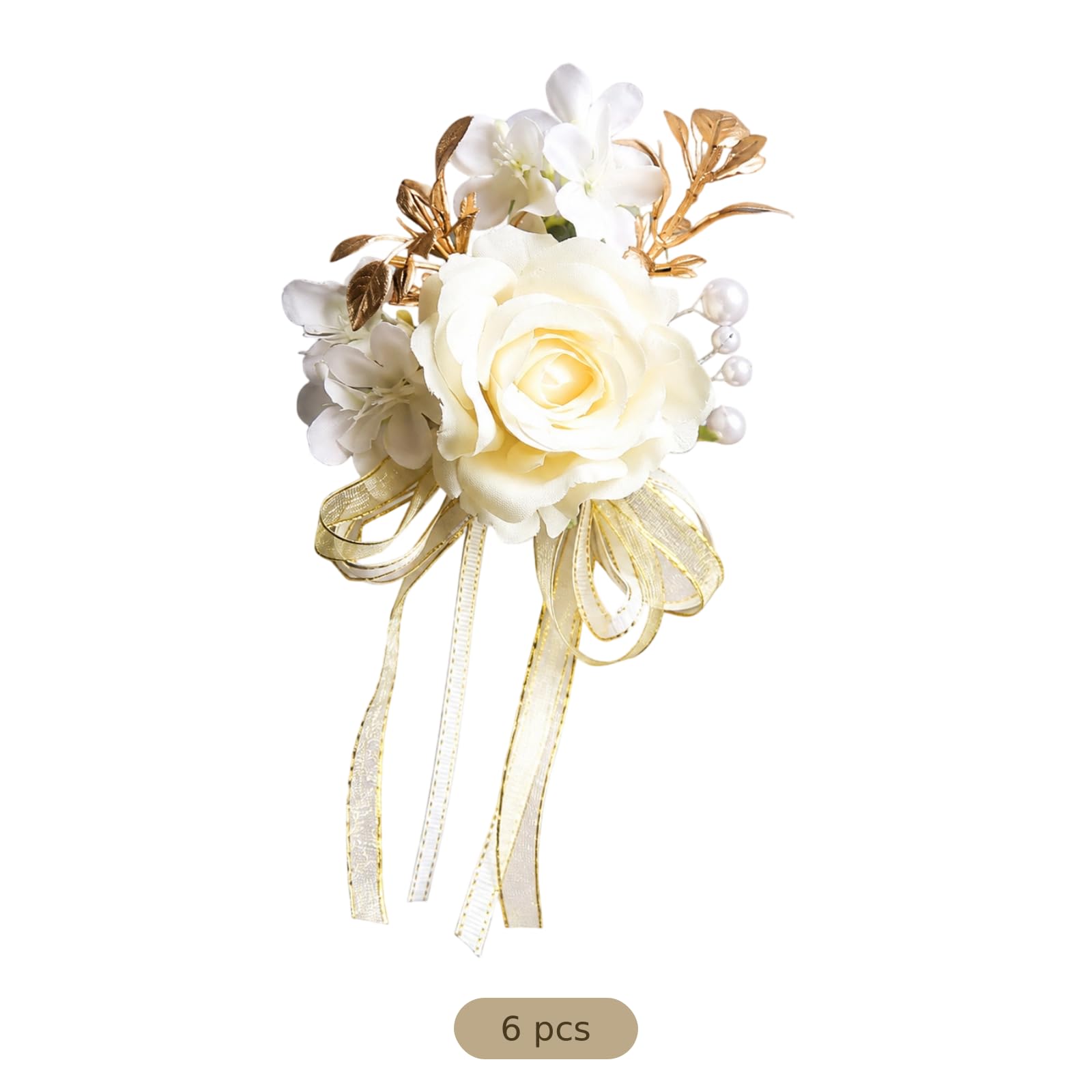 6 Stk. Ansteckblumen für den Bräutigam zur Hochzeit, cremeweiße Rosen-Anstecker für Herren mit Goldblättern, romantische künstliche Rosen-Boutonnieres für Trauzeugen und Gäste