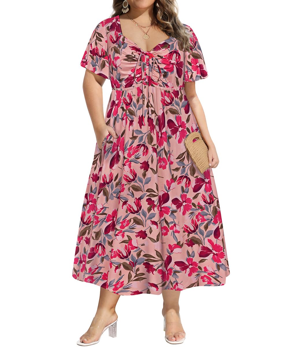 CARCOS Plus Size Dresses for Curvy Women Tie Sweetheart Neck Summer Maxi Dress 1X Short Sleeve Pink Floral Boho Dress Casual Empire Waist Flowy Flared Beach Dress with Pockets XL 14W 16W