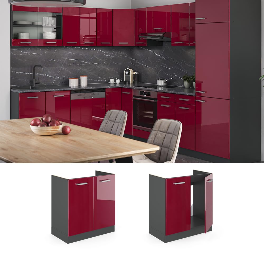 80cm Spülenunterschrank Raul Bordeaux Hochglanz/Anthrazit Modernes Design für Küche Organisation und Aufbewahrung