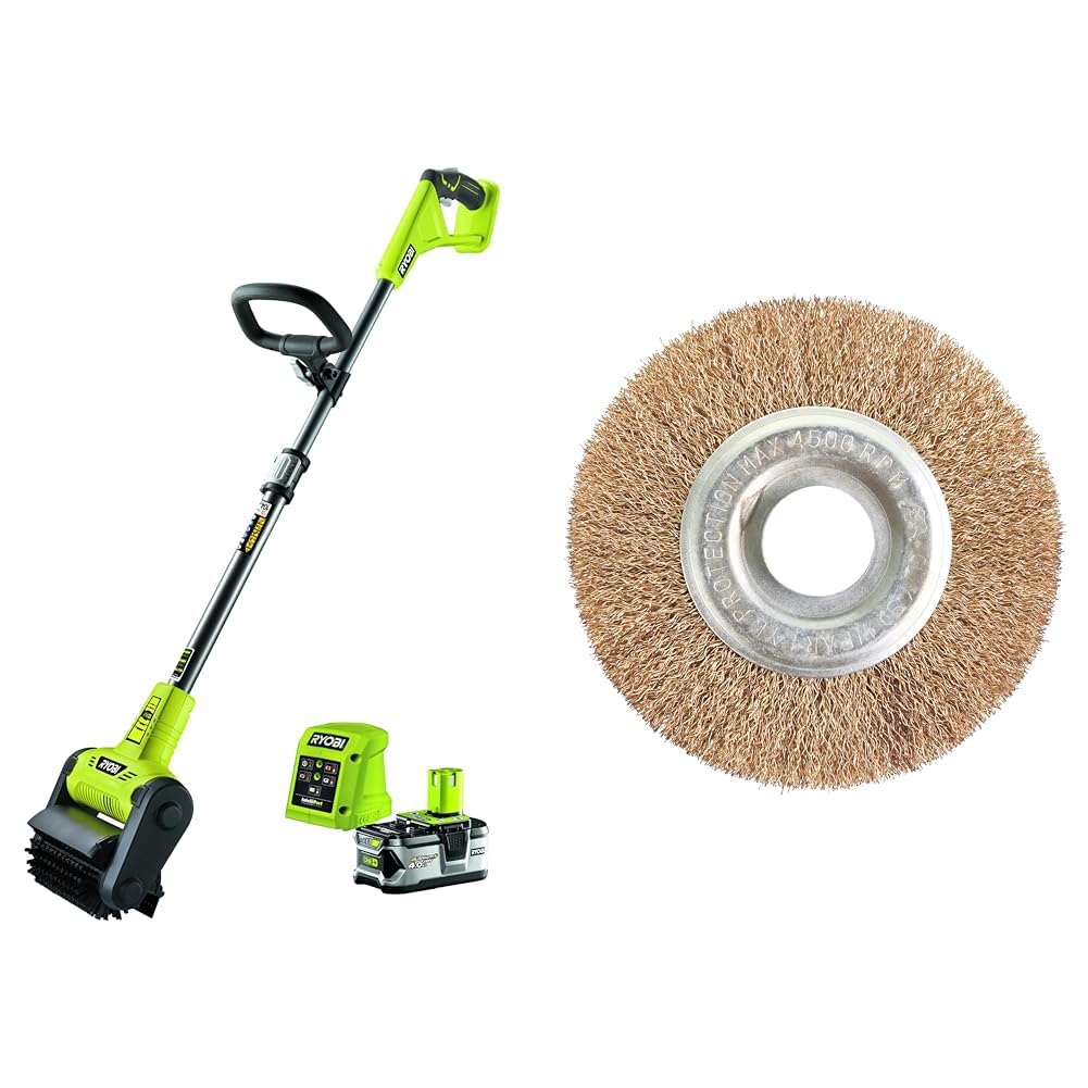 RYOBI Nettoyeur de sol sans fil à batterie 18V ONE+™pour terrasse bois et carrelage avec 1 batterie 40Ah & chargeur RY18PCB140 & Brosse joints métallique pour nettoyeurs de joints RAC814
