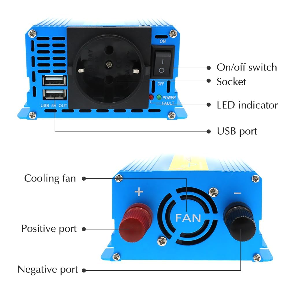 LVYUAN Falownik sinusoidalny 400 W/800 W DC 12 V na 230 V AC, przetwornica napięcia z 1 gniazdem EU AC 2 porty USB