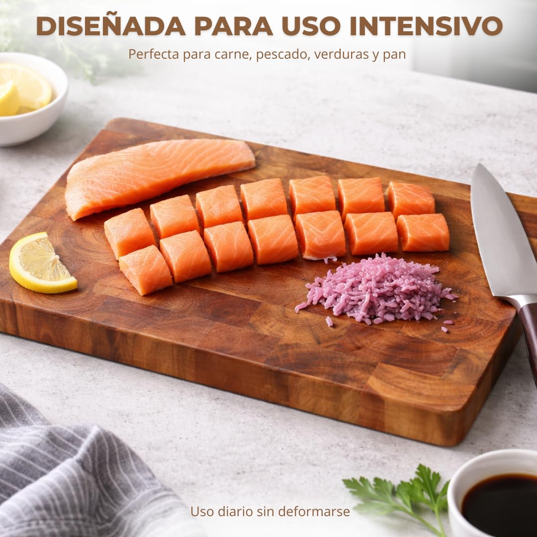 Tabla de Cortar de Madera de Acacia Profesional 36x24x3 cm | Antibacteriana y Resistente | Tabla de Cocina Premium con Asas Laterales | Incluye Delantal Profesional Negro